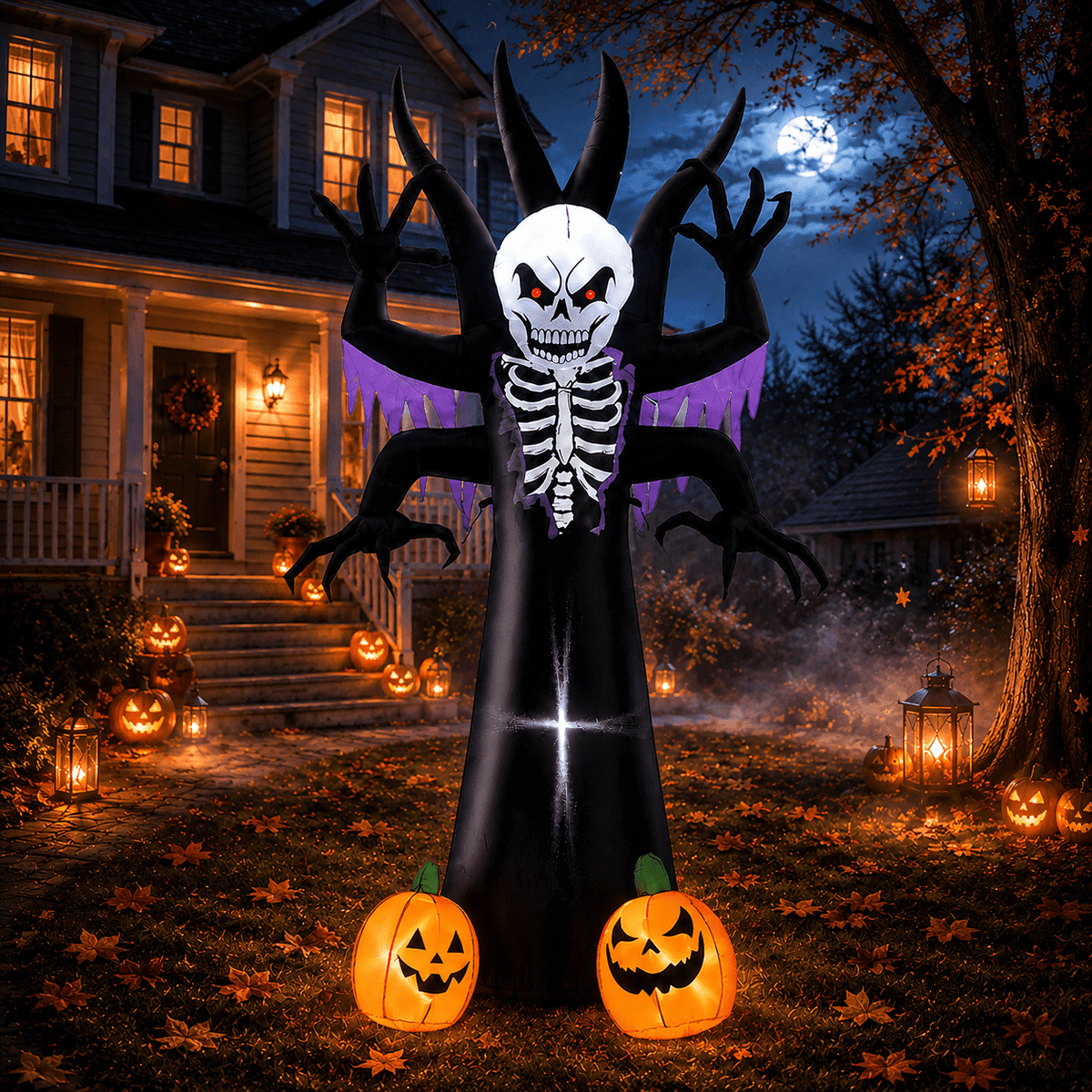 Wondiair 8 FT Halloween Inflatable Skeleton Tree with LED Lights and Glowing Pumpkins, Blow Up Outdoor Halloween Yard Decoration for Lawn, Front Yard and Haunted House