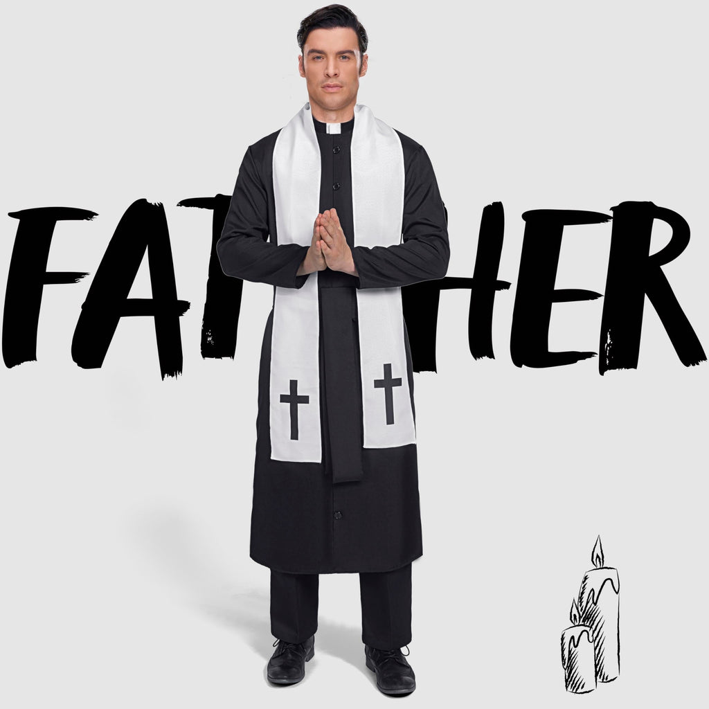 Joyfy Men's Priest Costume Black Priest Father Robe Stole for Halloween Party Dress up Cosplay
