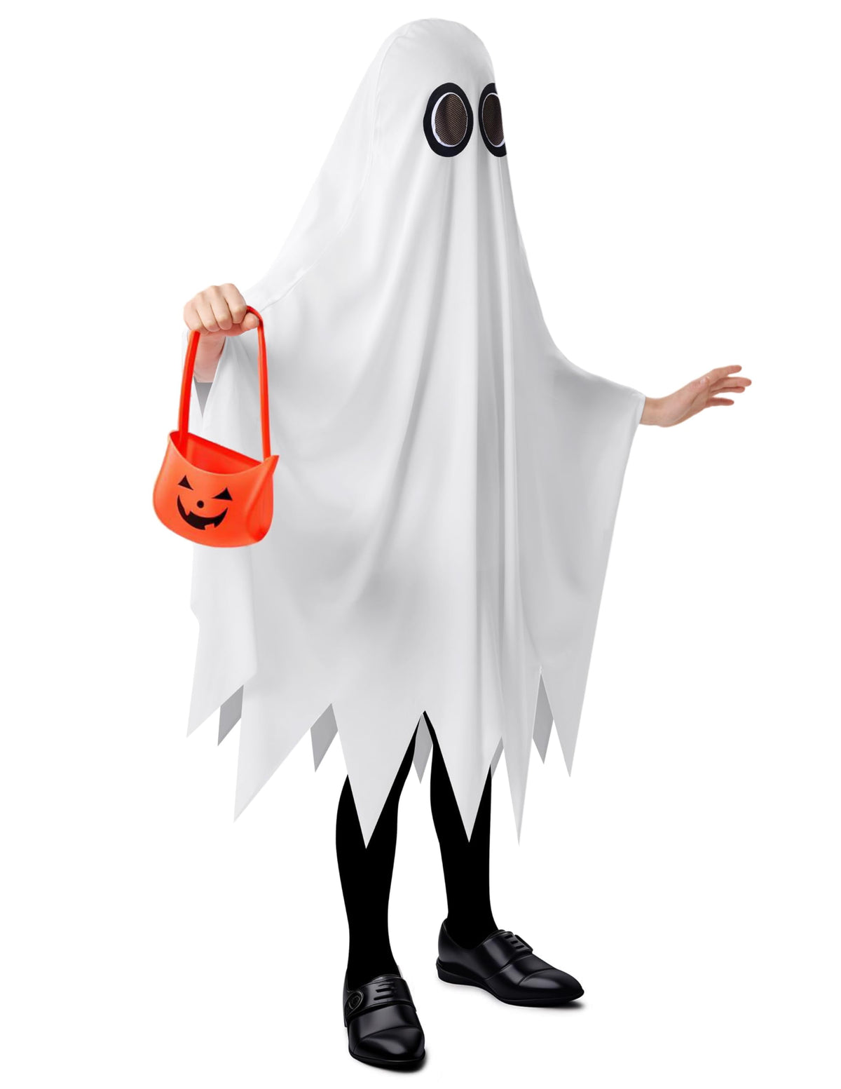 Joyfy Kids Ghost Costume, Halloween Ghost Costume, White Silent Ghost Costume with Pumpkin Bag for Toddler Boys Girls Halloween Party Dress Up Cosplay