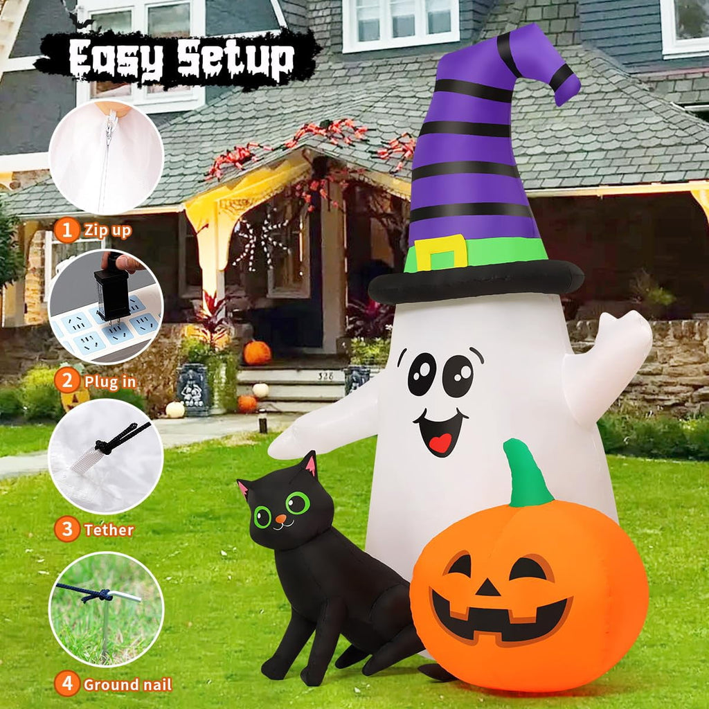 GOOSH Halloween Inflatables 5 FT Halloween Ghost Inflatable with LED Lights, Cute Ghost Blow Up with Wizard Hat Pumpkin Black Cat, Outdoor Halloween Decorations for Halloween Holiday Indoor Outdoor