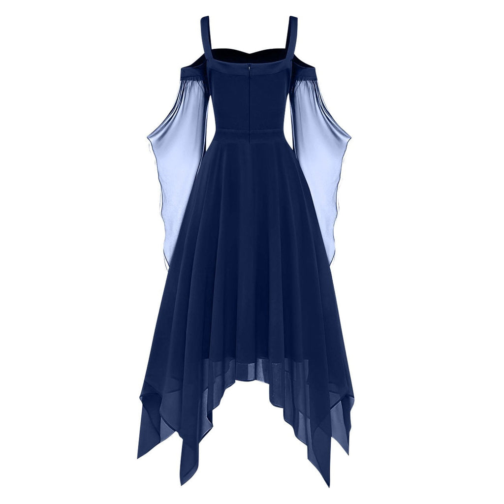Medieval Renaissance Hooded Dress for Women, Silver Gothic Witch Costume with Lace-Up Corset, Vintage Velvet Long Sleeve Gown for Halloween Cosplay Renaissance Wedding Themed Party-Dark Blue/L