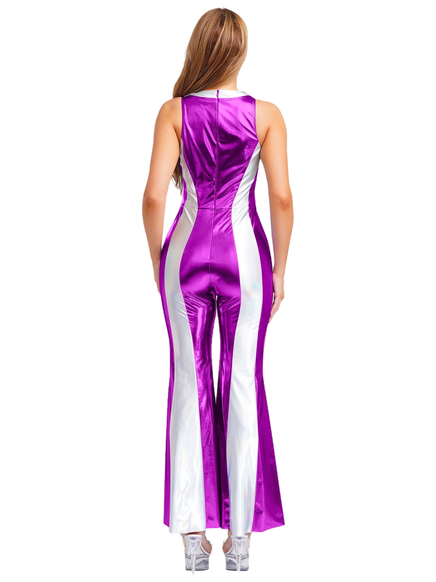 YiZYiF Womens 70s 80s Disco Costume Shiny Metallic Flared Pants Jumpsuit for Dance Party Halloween Gold S
