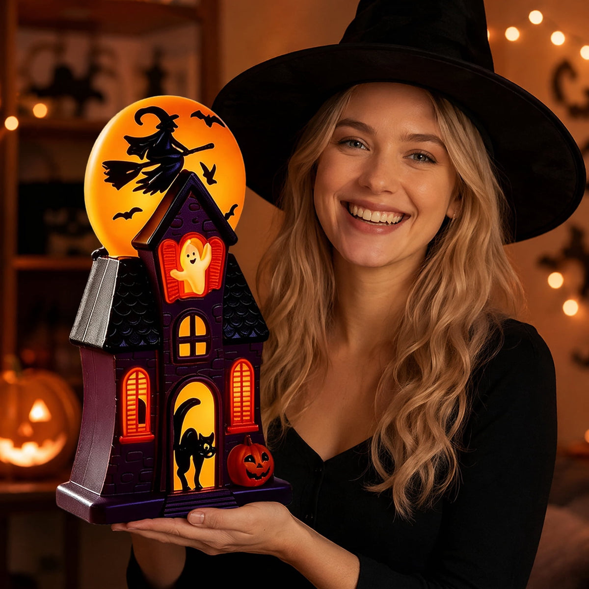 HAHUT Halloween House Blow Mold Light, Resin Pre-Lit Spooky Mansion with Glowing Witch Moon, Ghost & Black Cat for Halloween Party Tabletop Decor (Purple)