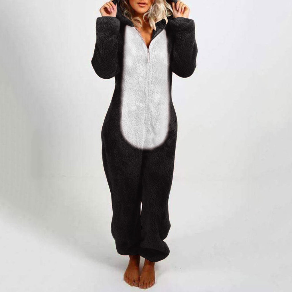 QATAINLAV Sherpa Fleece Jumpsuit for Women Winter Warm Fuzzy Onesie Pajamas Cute Cat Hooded Romper Casual Zip Up Overalls Sleepwear Black XL