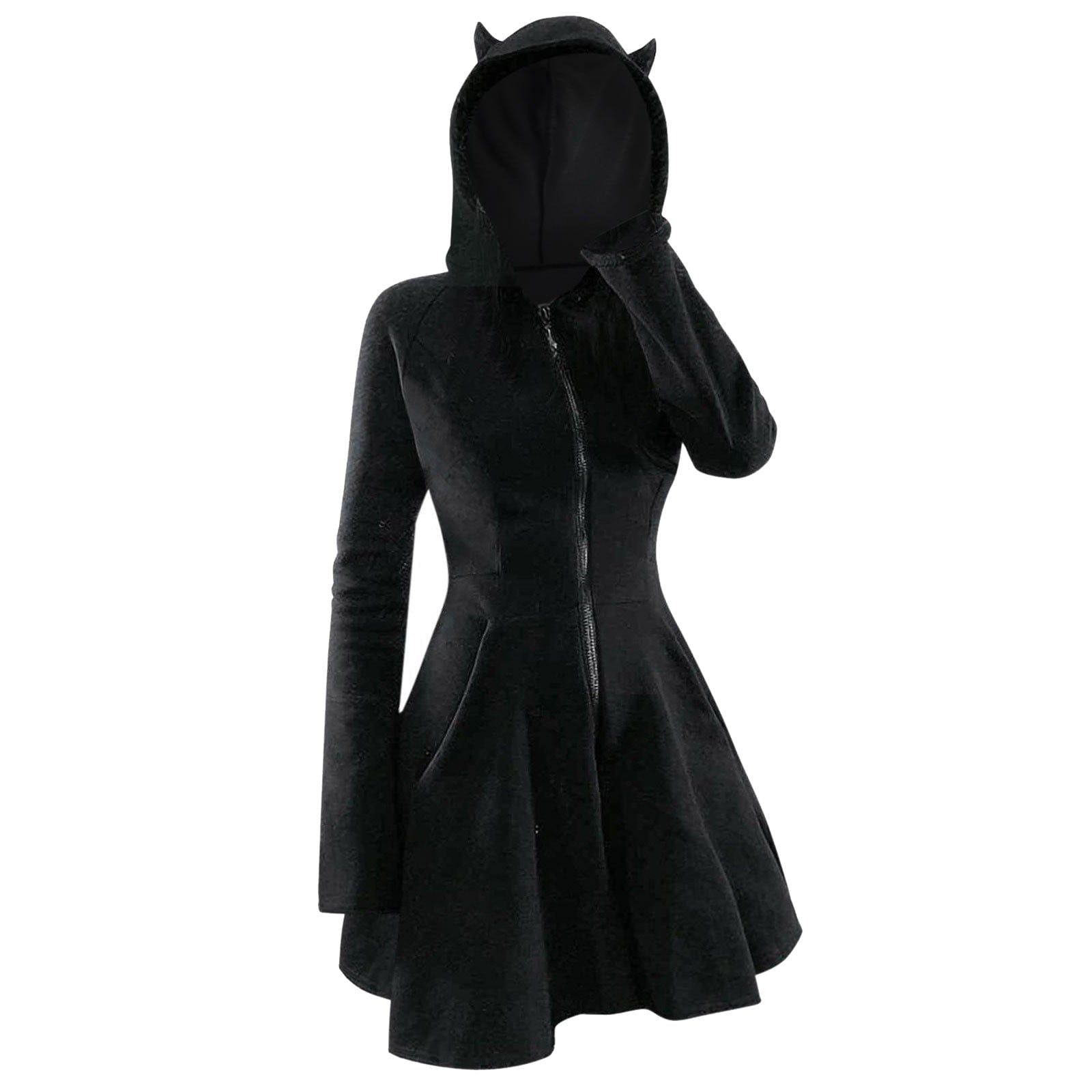 QATAINLAV Womens Gothic Hoodies Dress Fall Winter Long Sleeve Velvet Sweatshirts Cute Cat Ear Hooded Zip up Dresses with Pockets, Wine, M
