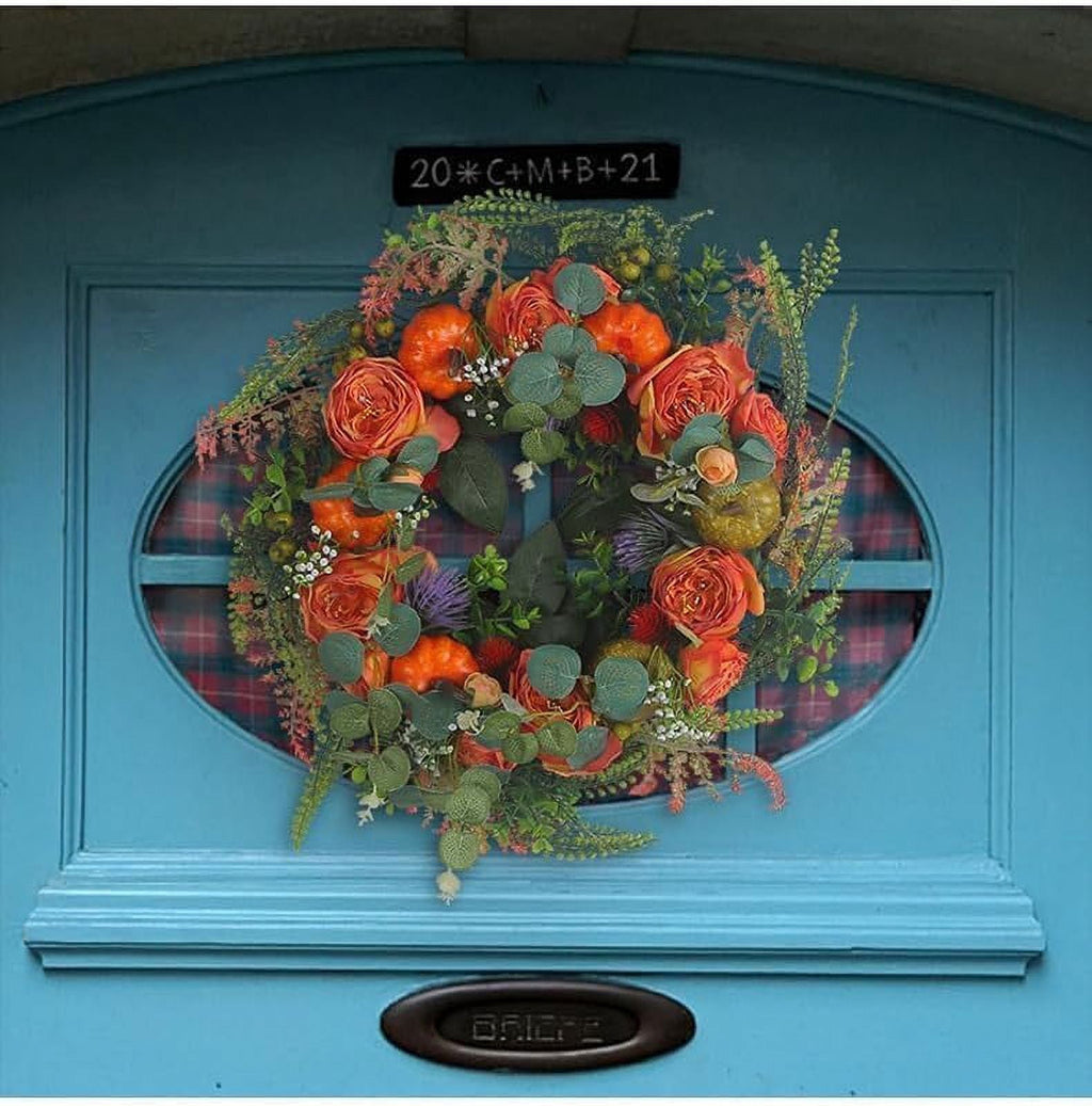 Artificial Fall Wreaths for Front Door Rustic Autumn Wreath with Pumpkin,Rose,Berry Branchesm,Mixed Leaves Thanksgiving Wreath Fall Door Wreath for Halloween Thanksgiving Indoor Outdoor Decor (B17.7)