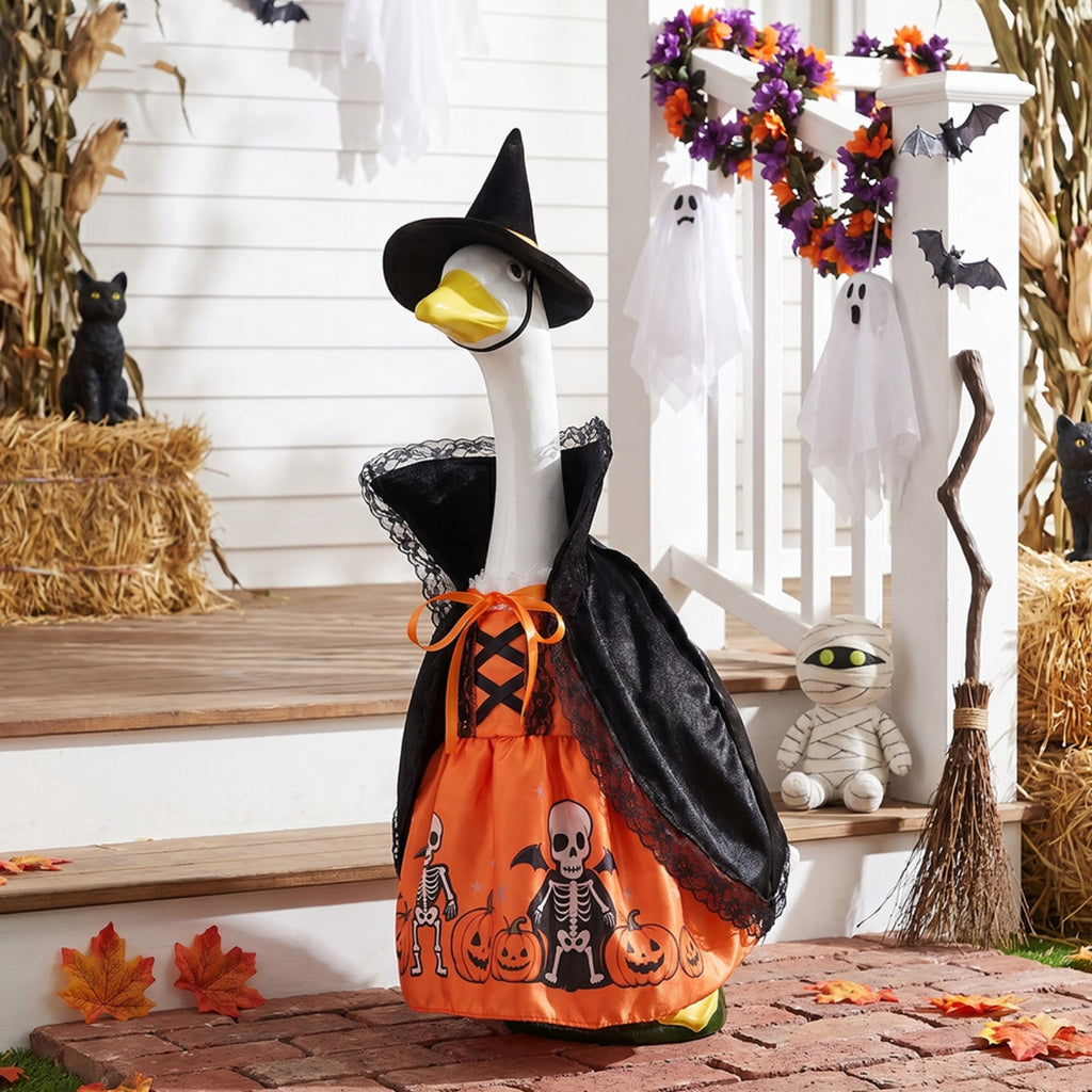 Bat Witch Hat Spiderweb Halloween Goose Clothes Fit 17/23In Cement Plastic Lawn Goose, Stylish Full Set for Outdoor Yard Patio Garden Seasonal Halloween Home Ornamental Arrangement