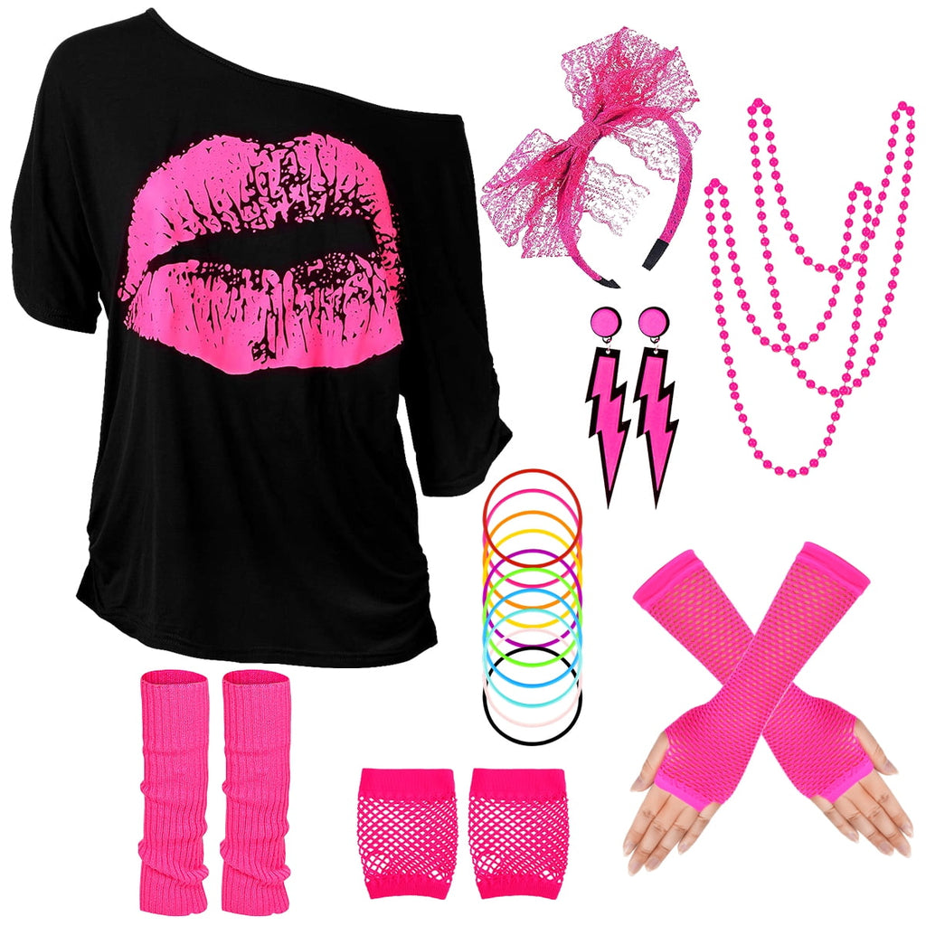 80s Costume for Women,80's Off Shoulder T-Shirt Headband Earring Necklace Fishnet Gloves Legwarmers for Women 80s outfit for 80s Party 22PCS