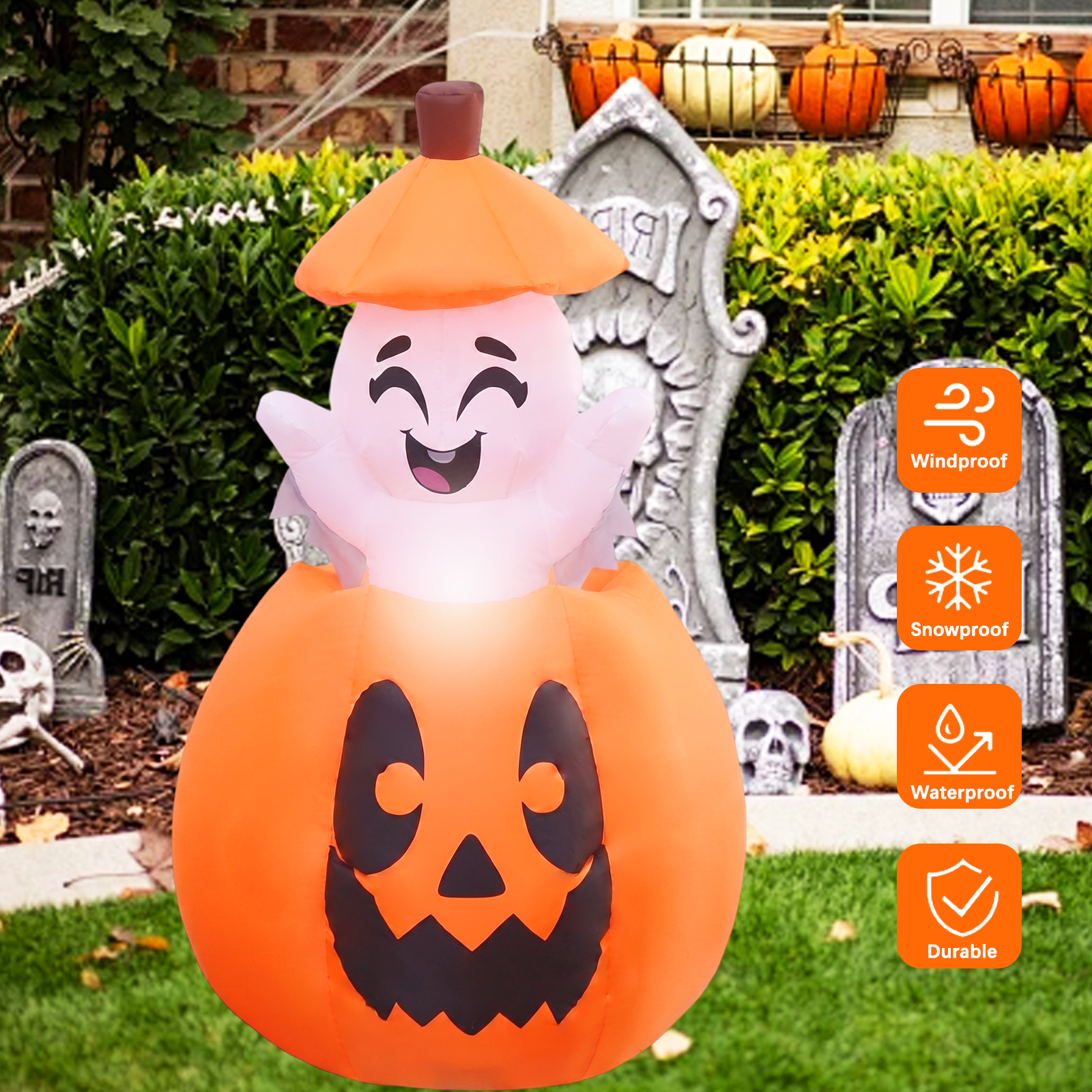 KINQUINN 5FT Halloween Inflatables Decorations Outdoor, Pop Up Halloween Blow Ups Pumpkin Yard Decorations with LED Lights for Garden, Lawn, Home, Yard, Indoor, Outside, Party, Porch