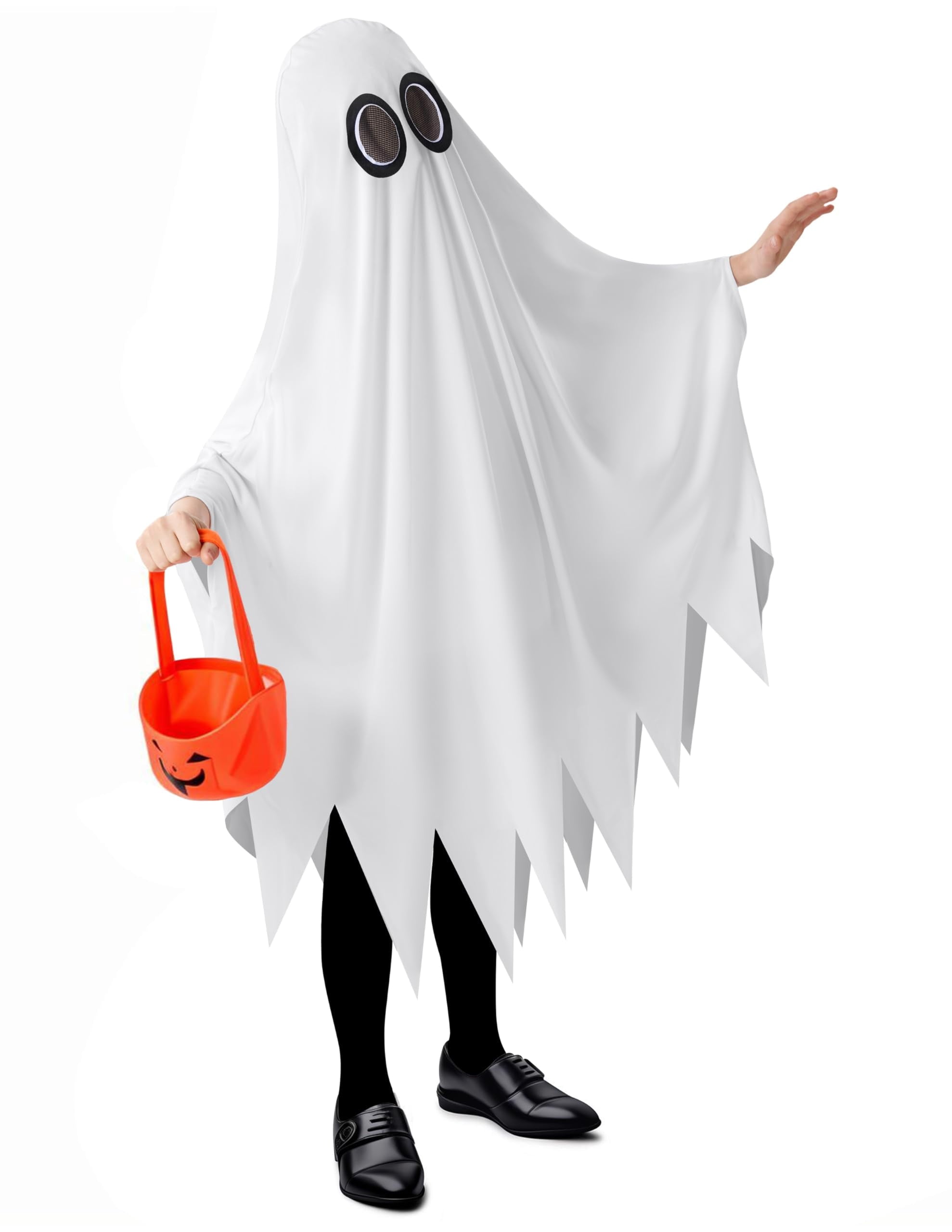 Joyfy Kids Ghost Costume, Halloween Ghost Costume, White Silent Ghost Costume with Pumpkin Bag for Toddler Boys Girls Halloween Party Dress Up Cosplay