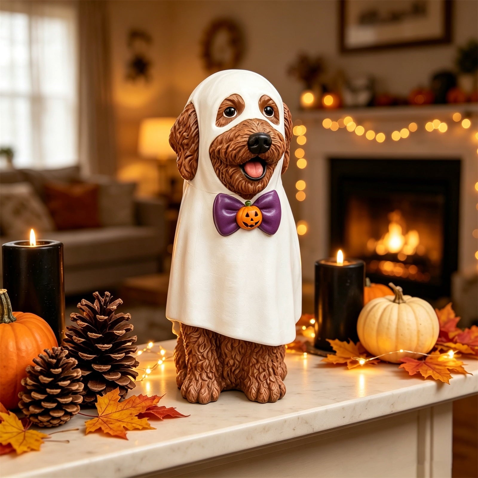 Lighted Scarecrow Bull Terrier Halloween Blow Mold, Cute Puppy Pumpkin Hat Halloween Decor, Resin Ornament for Patio Yard Tabletop Home Decoration, 8"