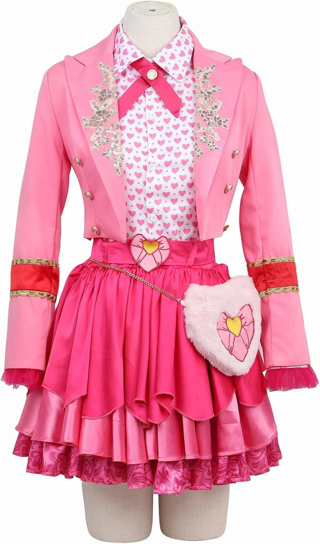 Satmonnus Women's Pink Princess Costume Set, Adult Halloween Cosplay Outfit with Heart Print Jacket, Layered Skirt & Fuzzy Bag, Fancy Dress Up for Themed Parties