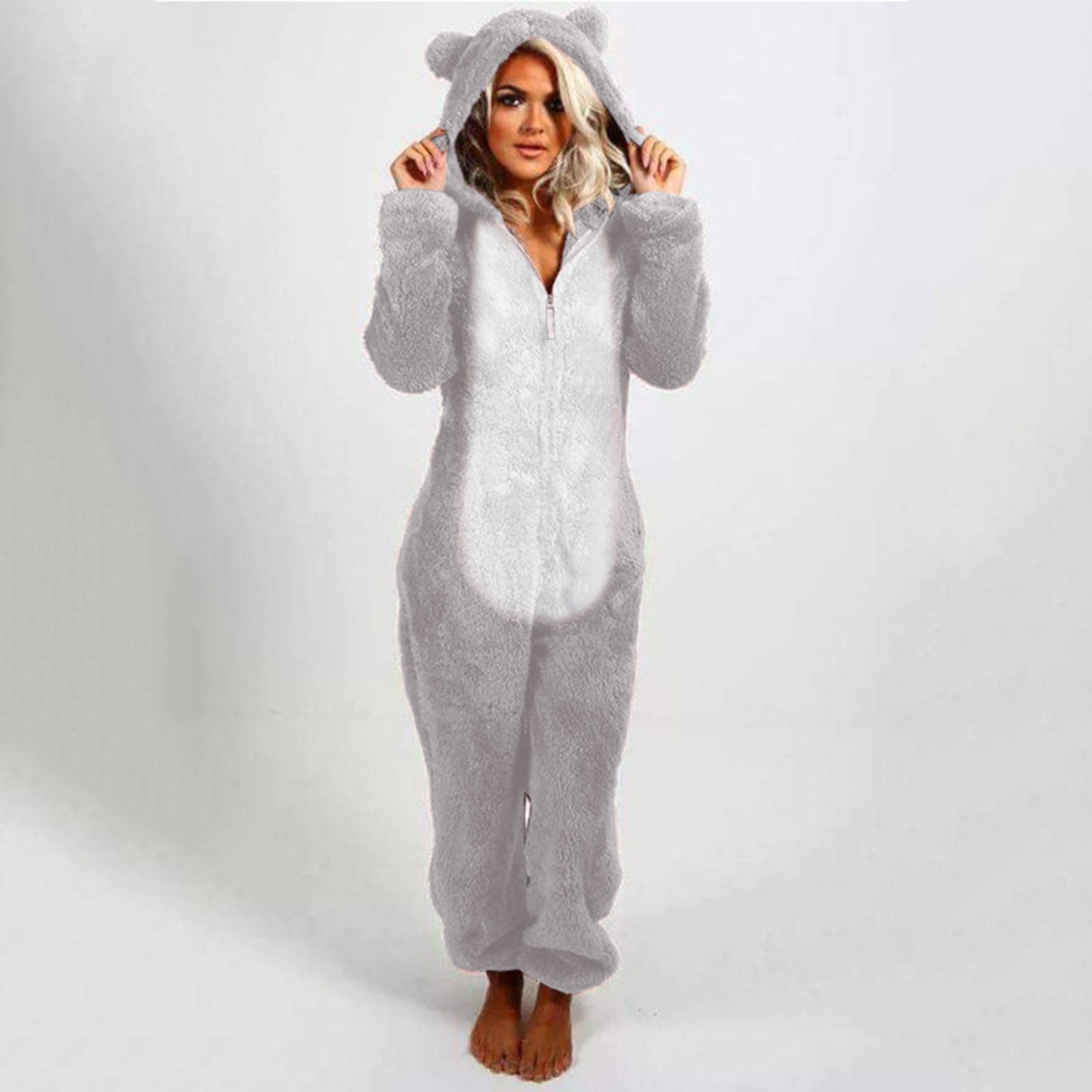 QATAINLAV Sherpa Fleece Jumpsuit for Women Winter Warm Fuzzy Onesie Pajamas Cute Cat Hooded Romper Casual Zip Up Overalls Sleepwear Black XL