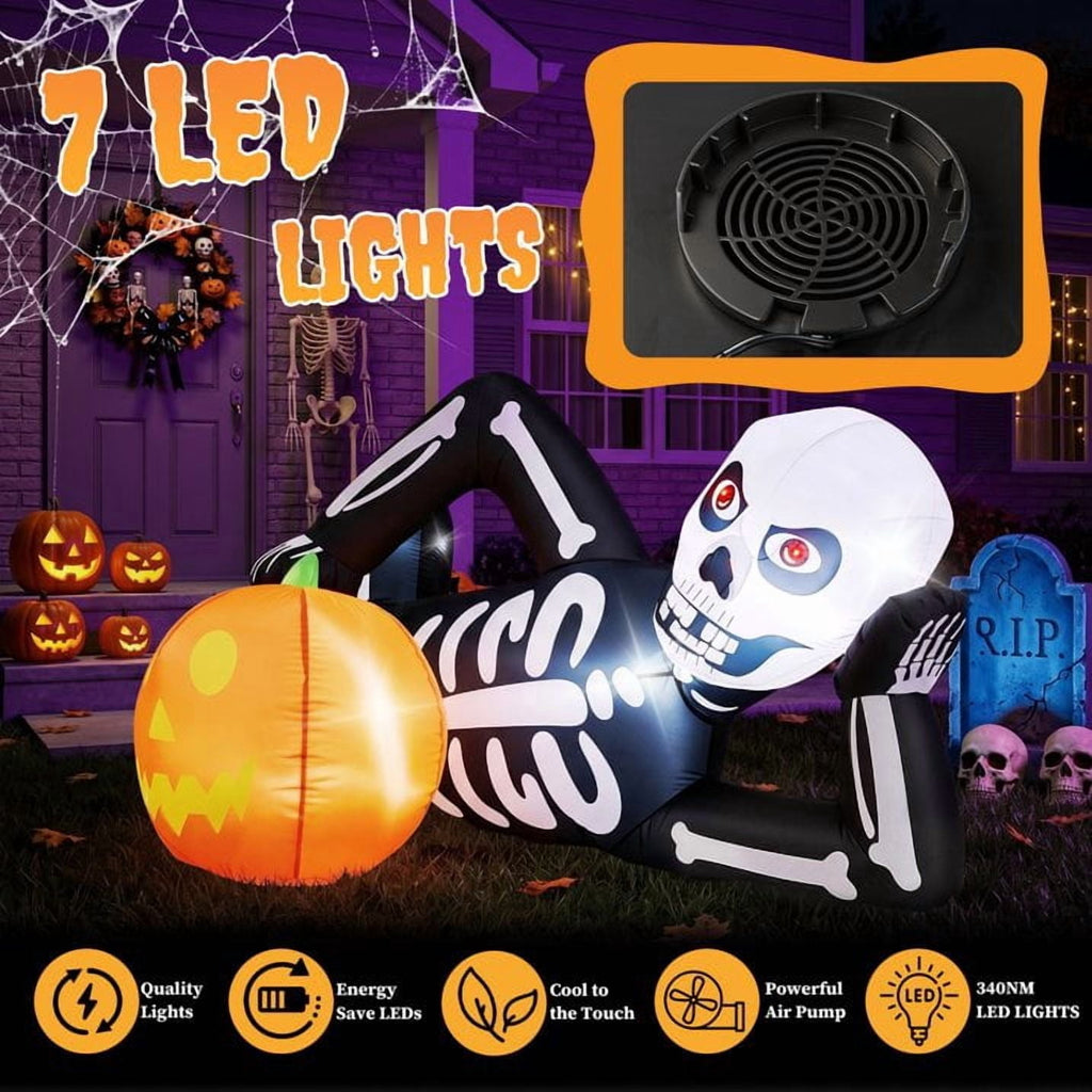 Ktaxon 7' Halloween Inflatables Skeleton Outdoor Halloween Decoration Reclining Skeleton with Pumpkin,Built-In LED Lights