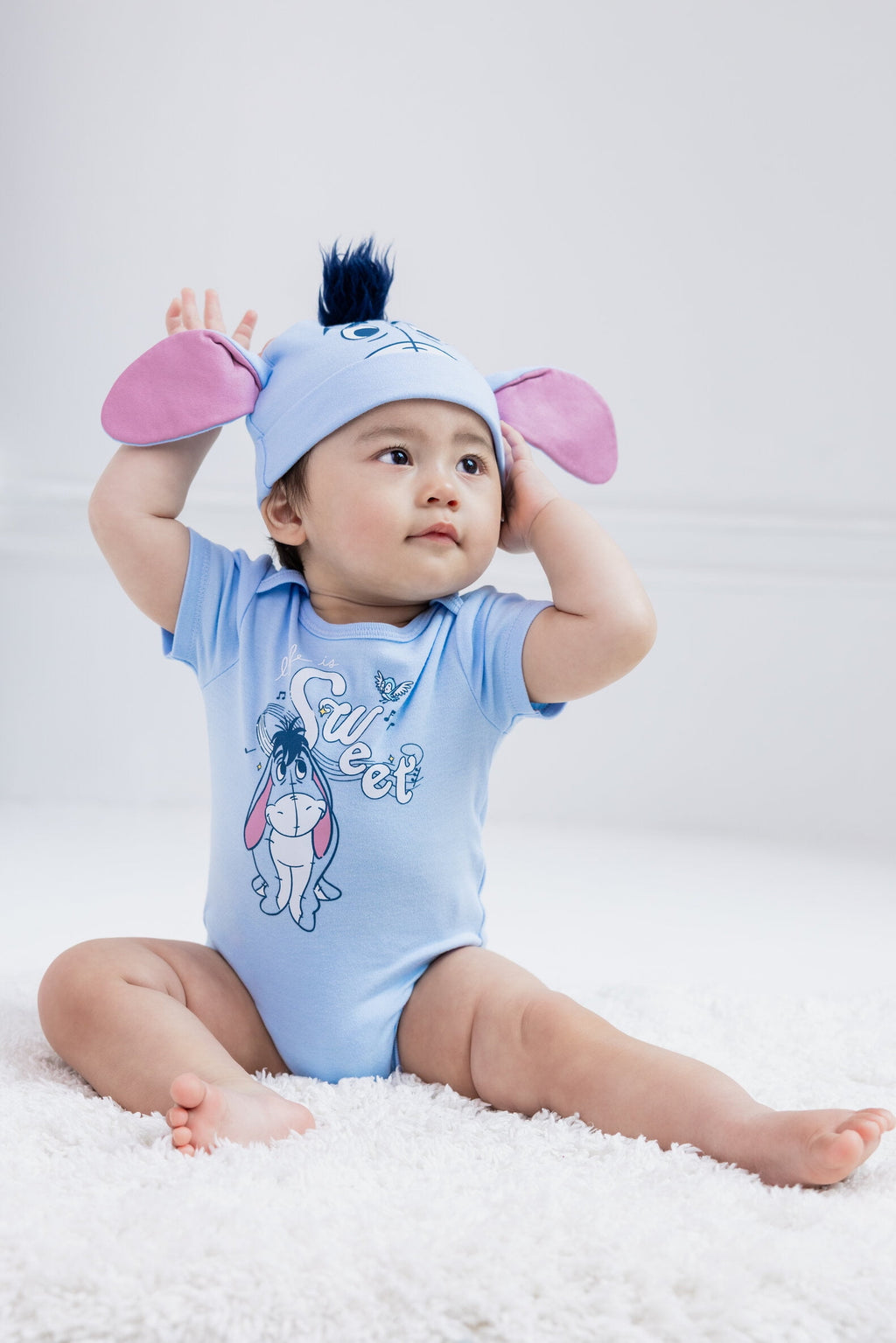Disney Winnie the Pooh Baby Boy or Girl 2-Piece Cosplay Bodysuit and Hat Set Light Blue Eeyore