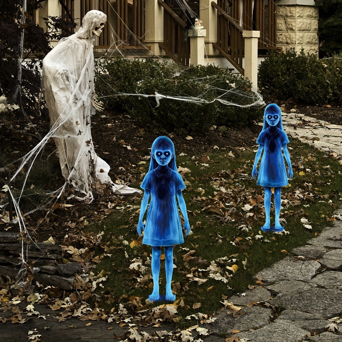 DAMAI Girl Ghost Courtyard Decoration for Halloween,16 Inch Horror Twin Girls Halloween Decoration,Horror Garden Girls Zombie Lawn Sign for Patio Haunted House Party Supplies Graves Cemetery Decor