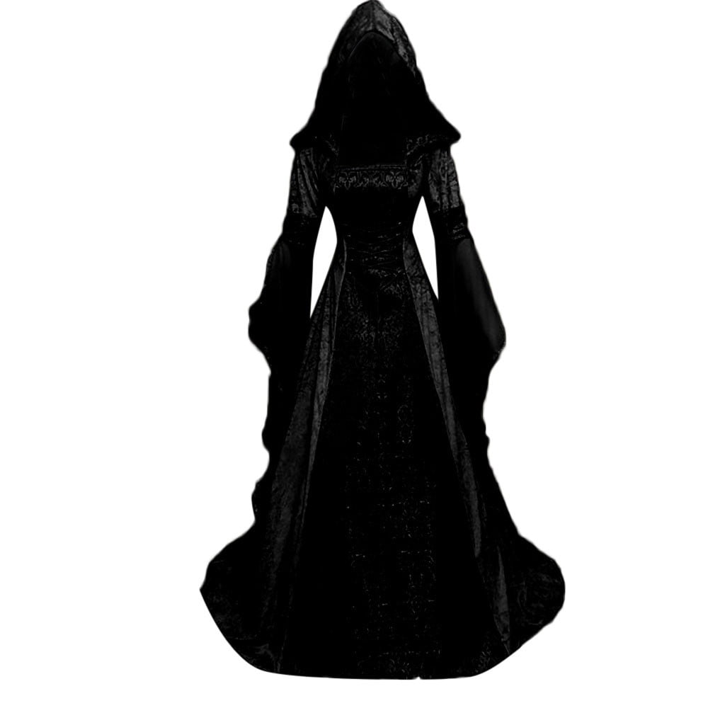 Medieval Renaissance Hooded Dress for Women, Silver Gothic Witch Costume with Lace-Up Corset, Vintage Velvet Long Sleeve Gown for Halloween Cosplay Renaissance Wedding Themed Party-Dark Blue/L