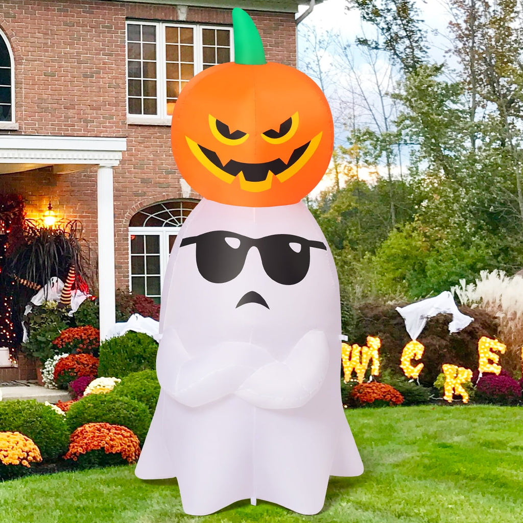 GOOSH Halloween Inflatables 6 FT Inflatable Ghost with Pumpkin, Cute Halloween Ghost Inflatable Halloween Decoration with LED Lights, Outdoor Halloween Decorations Blow up Ghost for Holiday Party