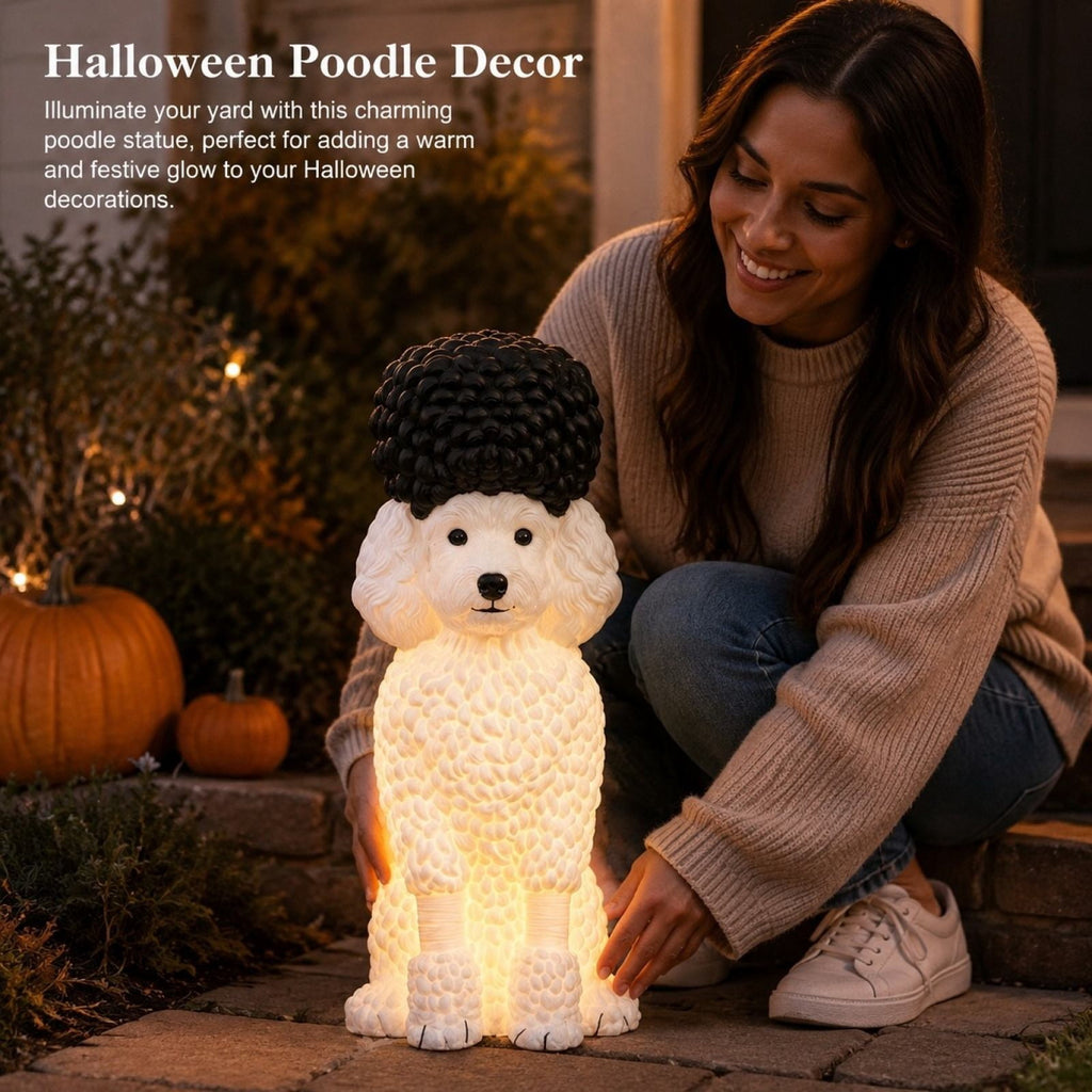 Halloween Dog Greeter - Frenchie 7.9in Resin Witch Dog with Light-Up Pumpkin, Spooky Fall Decor, Indoor Outdoor Tabletop Decoration