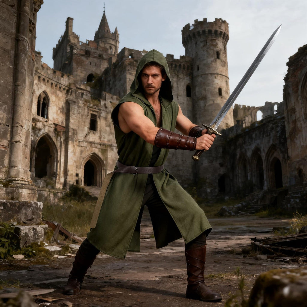 Virmaxy Halloween Costume Men's Hooded Sleeveless Tunic Costume with Belt Halloween Loose Fit Renaissance Medieval Party Cosplay Fighter Outfit Army Green