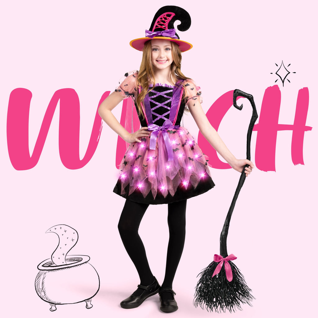 Joyfy Kids Witch Costume, Girls Light Up Witch Costume with Hat and Broom Outfits Set for Toddler Halloween Dress up Cosplay