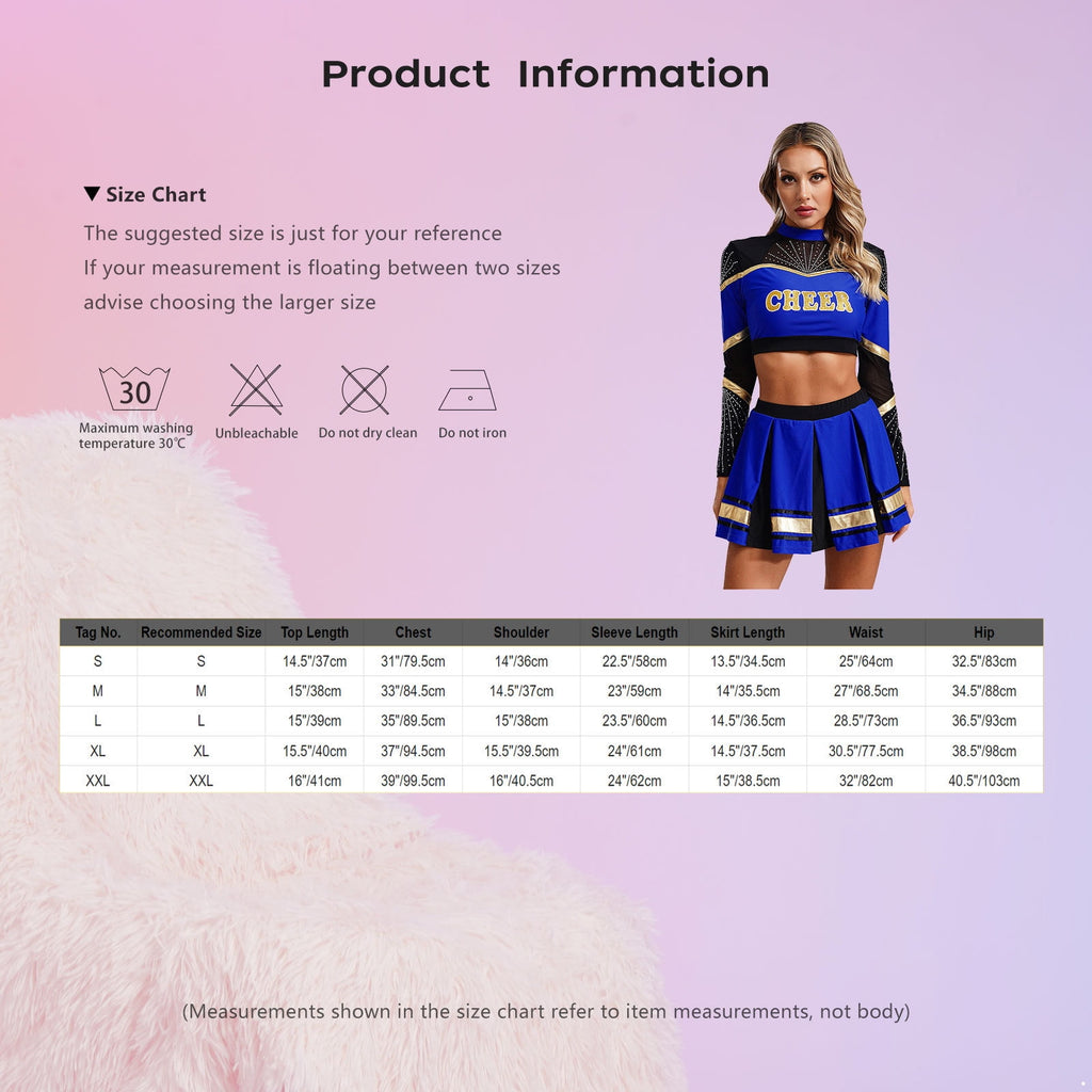 TiaoBug Women Cheer Leader Uniform Dance Cheerleading Costume Long Sleeve Crop Top with Mini Skirt White S