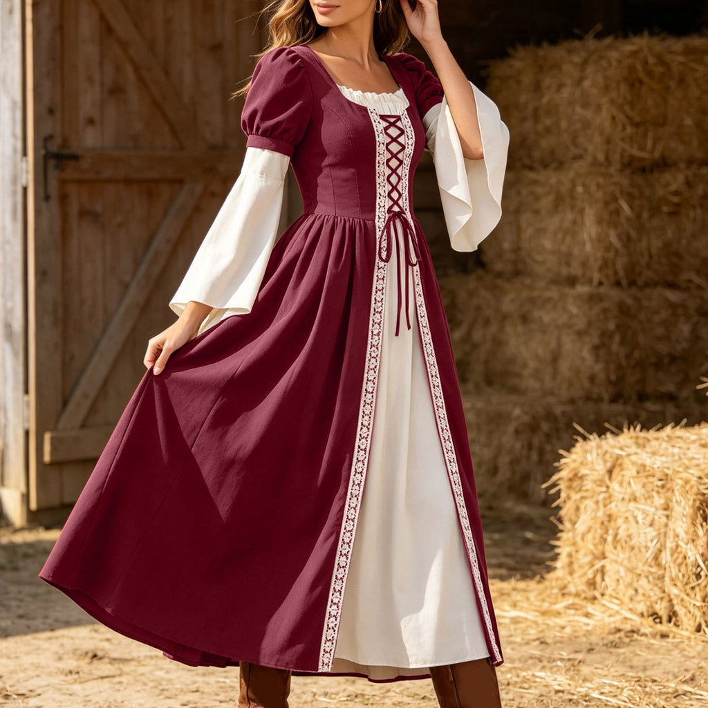 Hurxie Renaissance Costume Women Peasant Medieval Dress Maxi Fairy Dresses with Bell Sleeve Vintage Ren Faire Outfit
