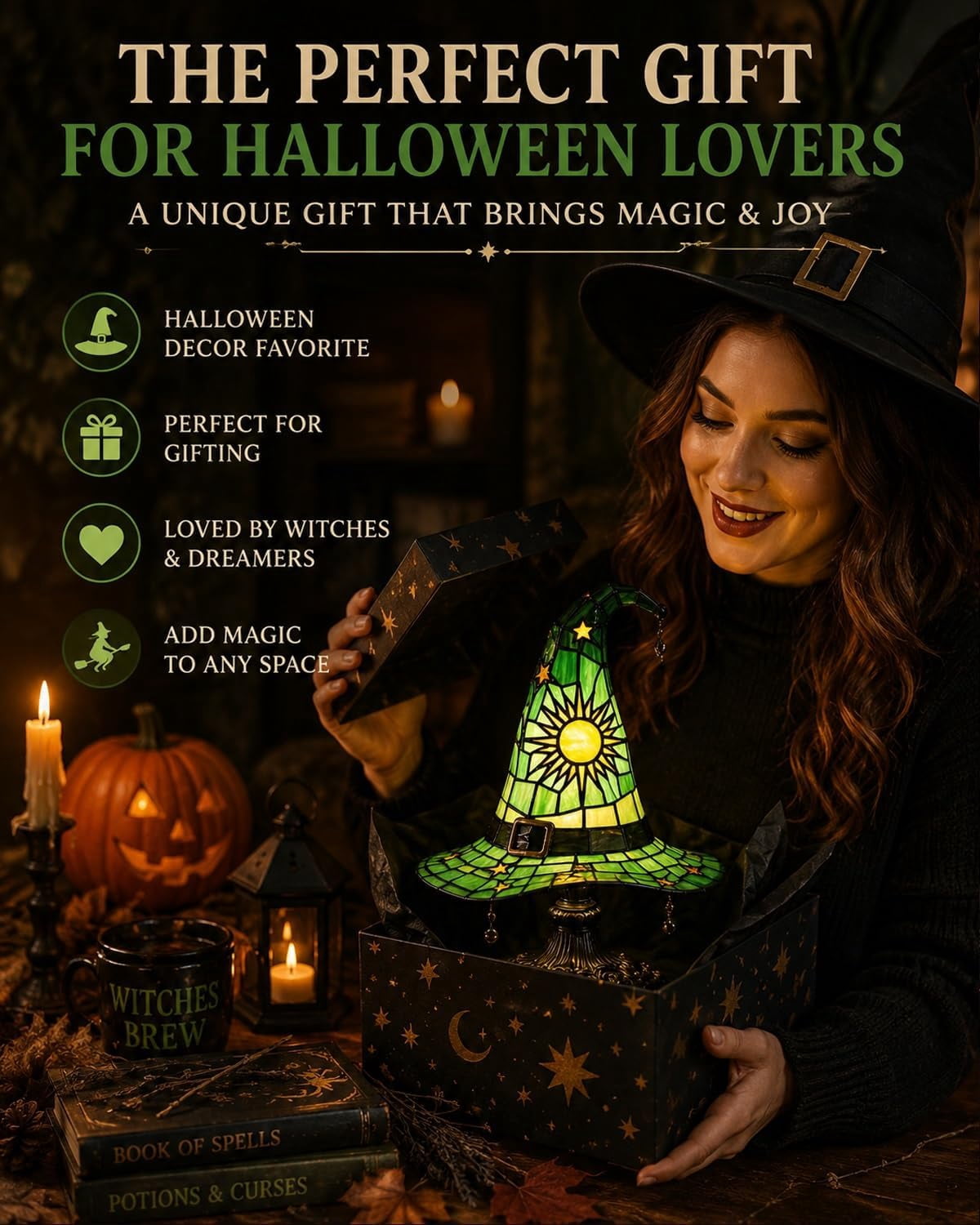 Clearance Halloween Table Lamp Decorations, Witch Hat Lamp Gifts - Handcrafted Retro Resin Witch Lamp, USB Powered Gothic Wizard Hats Night Light, Home Decor Accent Lamps for Bedroom