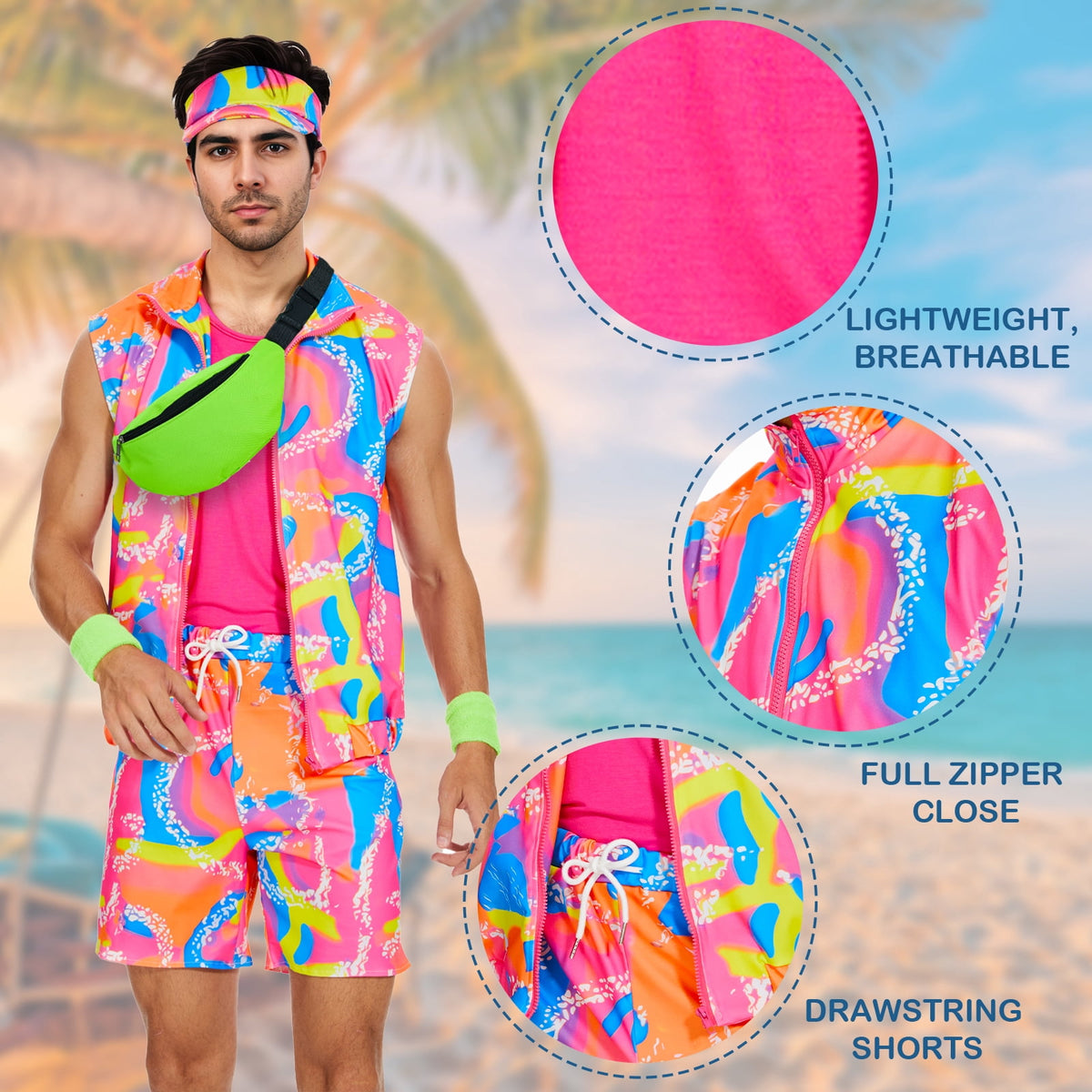 MYATED 6 Pieces 80s Men Workout Costume Halloween Cosplay Outfits 80s 90s Workout Outfit Party Clothing for Adult Mens,XL