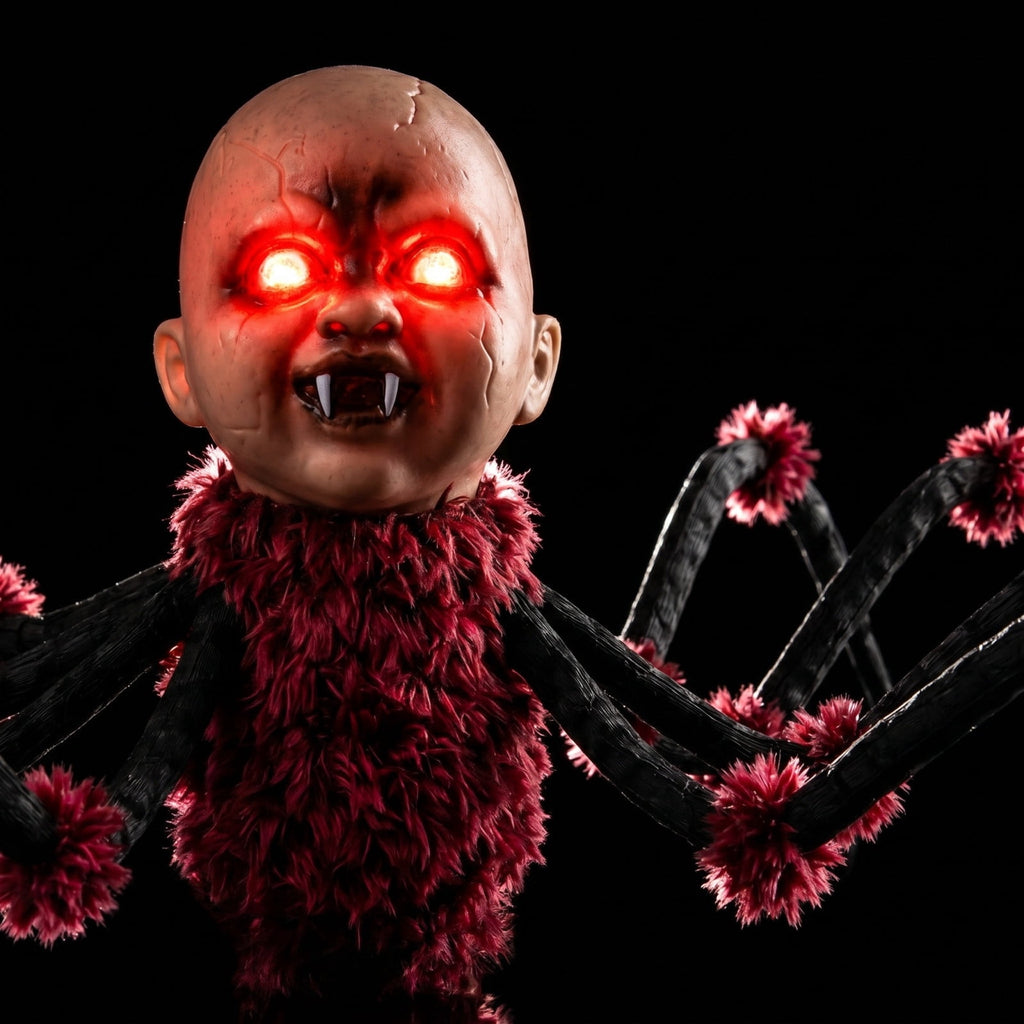 Halloween Animated Walking Spider Prop, Touch Activated Scary Baby Head Decoration with Flashing Red Eyes, Eerie Sounds and Poseable Legs for , Yard, and Party Display