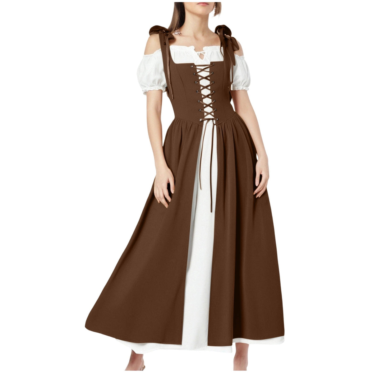 QATAINLAV Renaissance Costume Women Vintage Medieval Dress Cold Shoulder Short Sleeve Peasant Pirate Irish Maxi Dresses, Black, L
