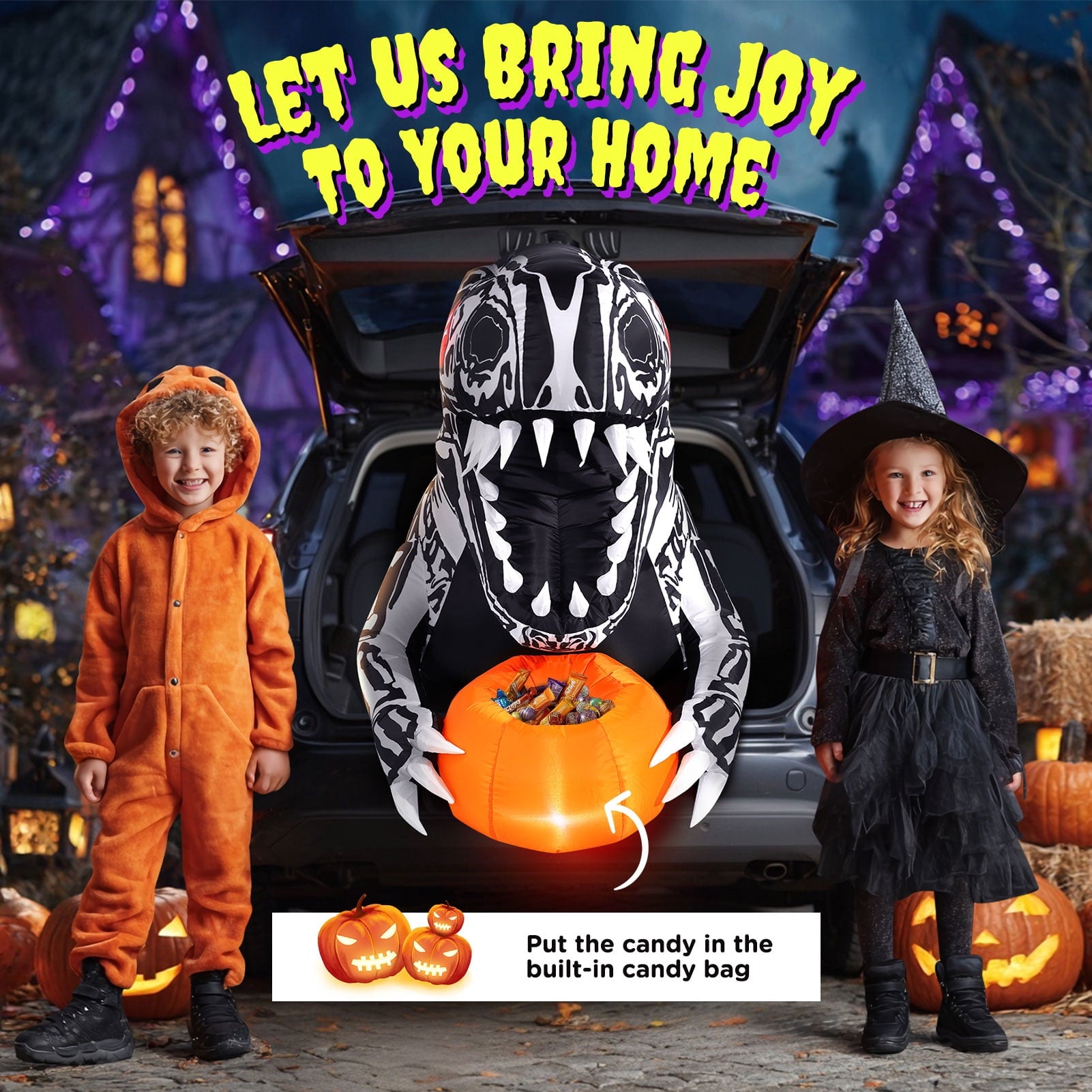 Ayieyill 3.6FT Halloween Inflatable Outdoor Decorations - Trunk or Treat Car Decorations - Halloween Blow Ups Animated Skeleton Dinosaur with LEDs for Halloween Outdoor Yard Decorations