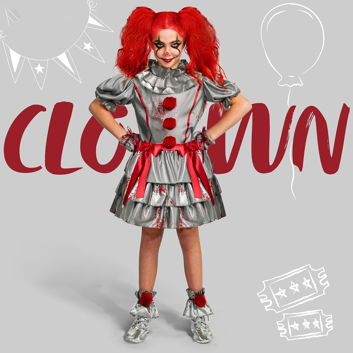 Joyfy Girls Clown Costume, Evil Clown Dress, Halloween Scary Jester Costume for Girls Halloween Dress Up, Fancy Dress Cosplay Party