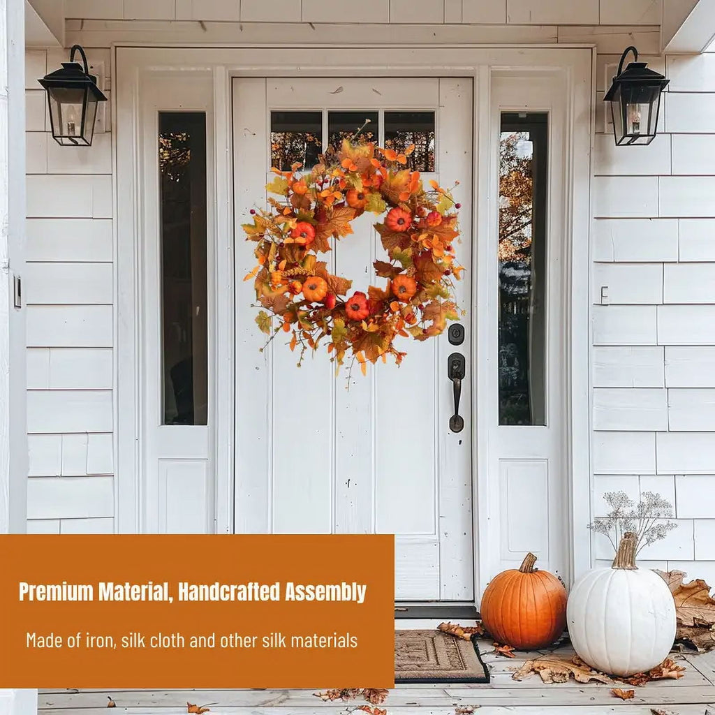 Fall Wreath Pumpkin Wreath Halloween Wreath for Front Door with Maple Leaves Harvest Wreath for Door Window Porch Thanksgiving Halloween Decor