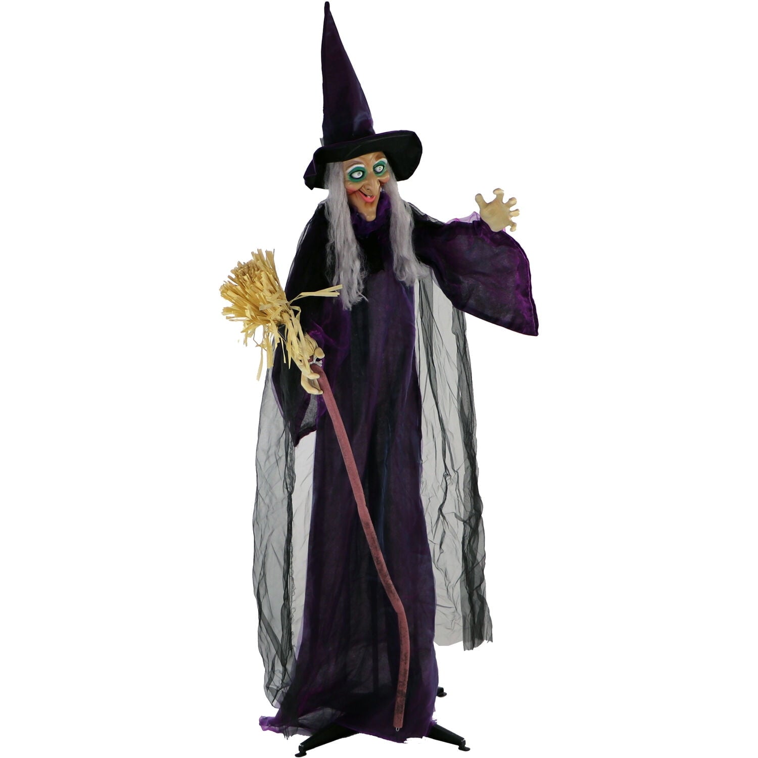 Haunted Hill Farm Life-Size Animated Talking Witch w/ Broomstick, 6 ft Halloween Decoration, HHWITCH-5FLSA