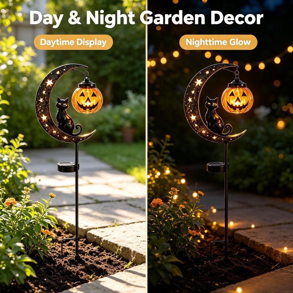 Clearance 35" Halloween Solar Pumpkin Moon Garden Stake Light with Black Cat Outdoor Waterproof LED Yard Decoration Hanging Jack-o'-Lantern for Garden, Patio, Walkway, Porch (C)