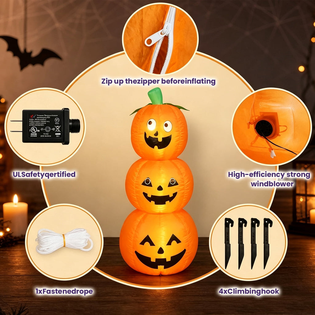 6 FT Halloween Inflatables Stacked Pumpkins Ghost with Build-in LEDs for Porch,Halloween Pumpkin Decor Blow up Yard Decorations