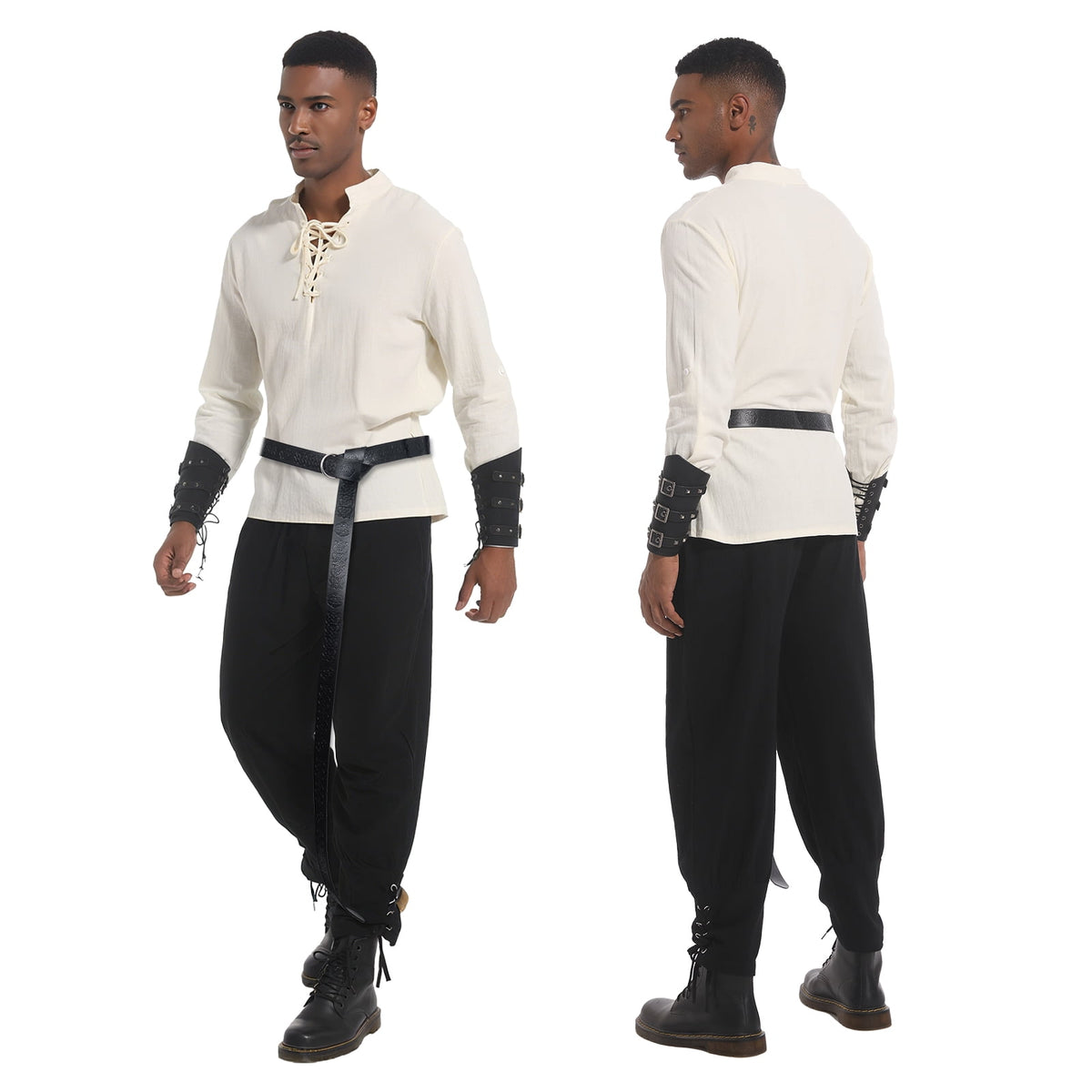 MYATED 5 Pcs Halloween Men's Renaissance Costume Set Medieval Pirate Shirt Ankle Banded Pants Viking Costume Accessories Set,Black,M