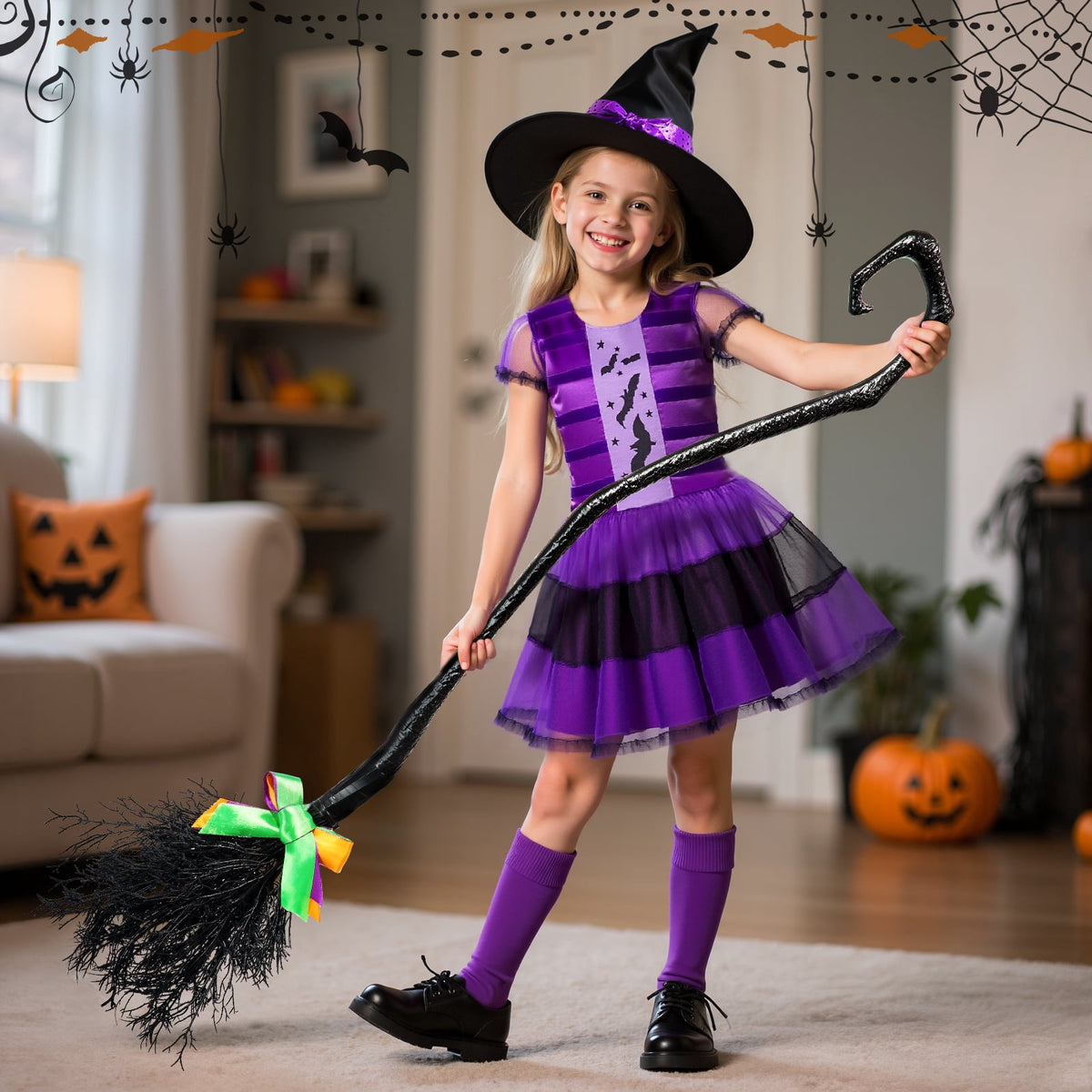 MAVOLIO Witch Costume Set with Hat for Girls, Halloween Dress‑up Outfit, Role‑Play Cosplay Costume for Toddler Kids 3‑12(m)