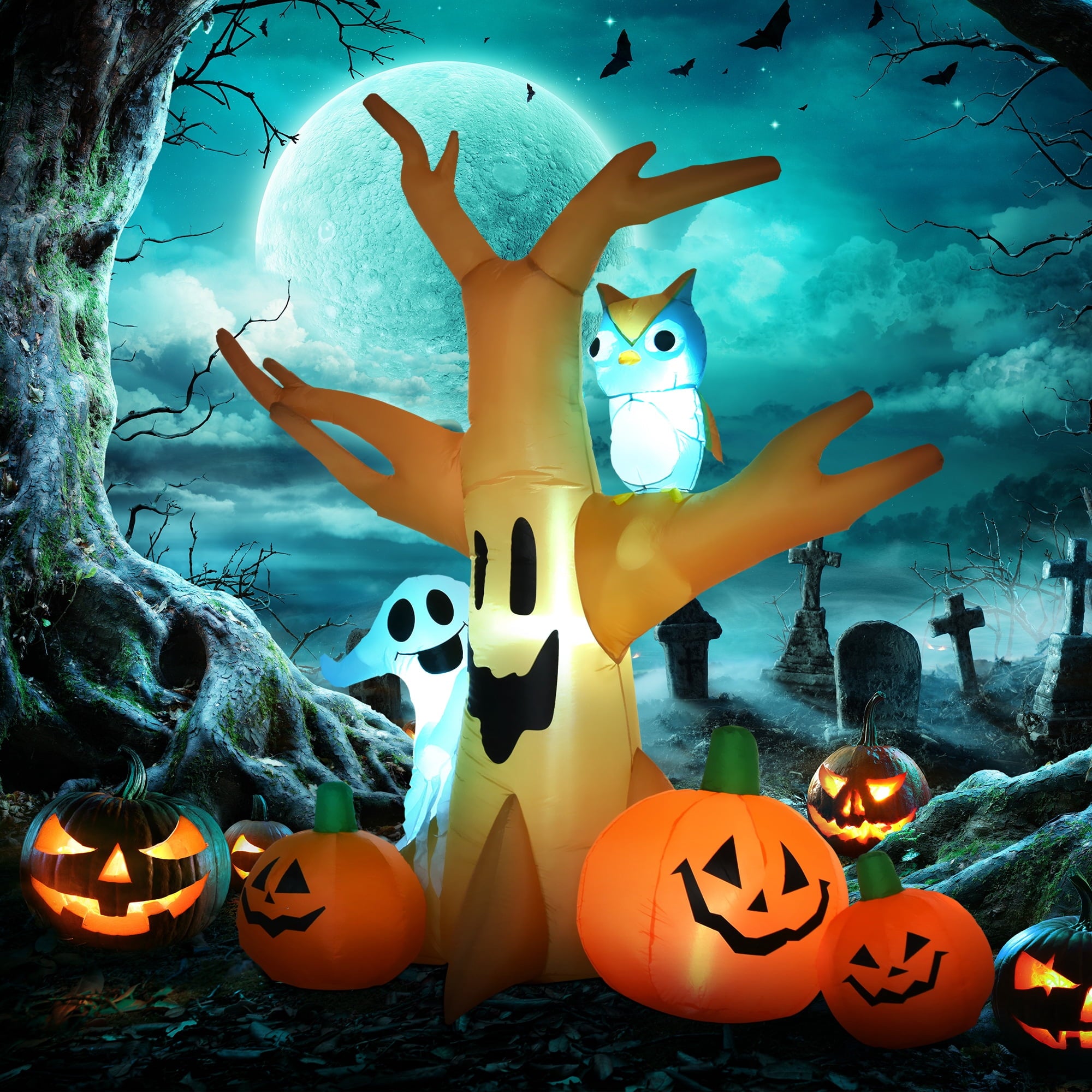 HOMCOM 7.5' Tall Lighted Halloween Inflatables Outdoor Decorations Haunted Tree With Owl, Ghost, Pumpkins, Blow Up LED Yard Decor for Garden, Lawn, Party, Holiday, Waterproof