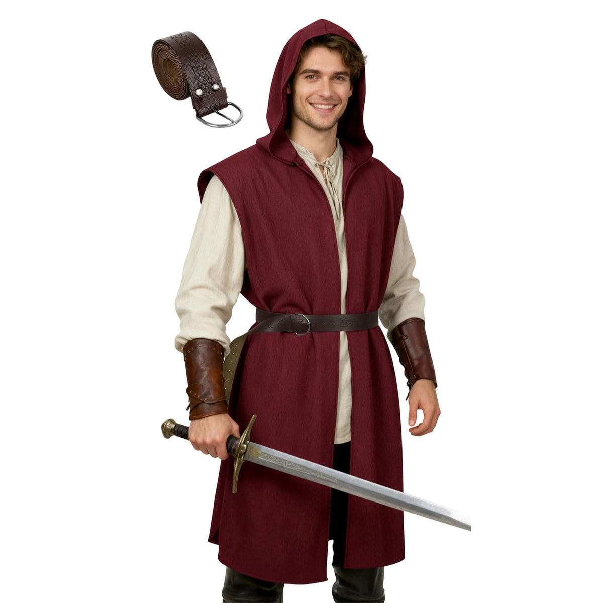 Virmaxy Halloween Costume Men's Hooded Sleeveless Tunic Costume with Belt Halloween Loose Fit Renaissance Medieval Party Cosplay Fighter Outfit Army Green