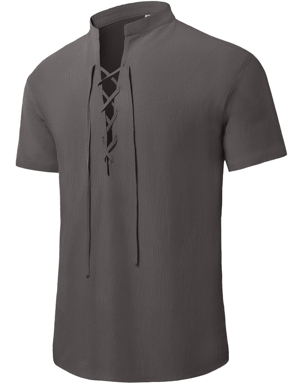 HAOMEILI Men's Cotton Linen Lace-Up V-Neck Short Sleeve Shirt