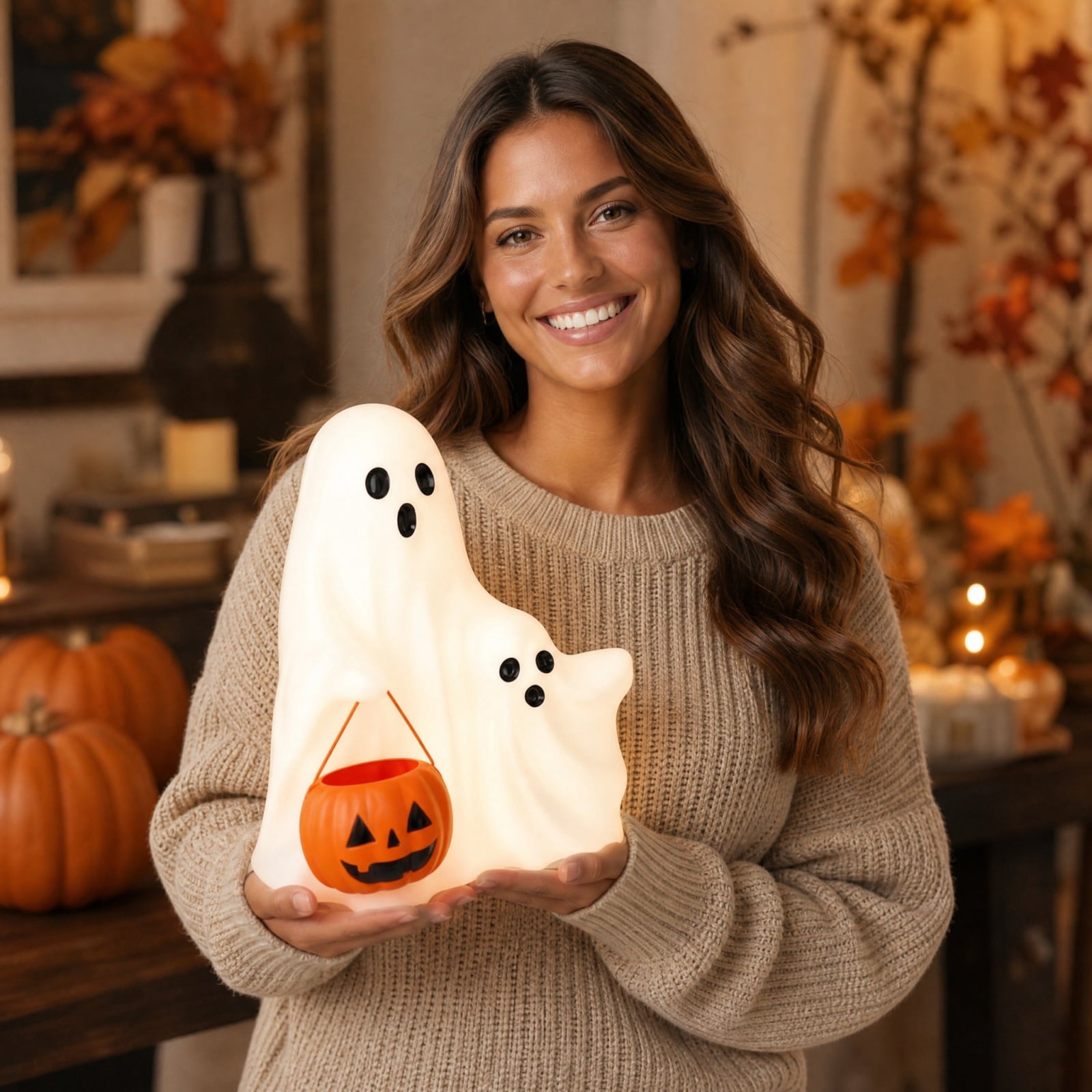Trick or Treat Ghost Statue, Lighted Halloween Ghost Figurine with Pumpkin Candy Bucket, Blow Mold LED Decoration for Fall Porch Tabletop Home Decor