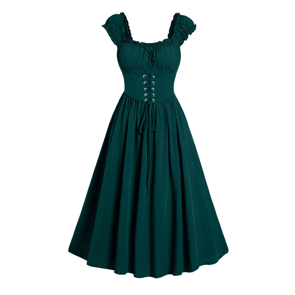 Jsaierl Womens Vintage Medieval Dress Renaissance Pleated Dress with Corset Patchwork Ball Gown Sleeveless Lace Up Midi Dresses