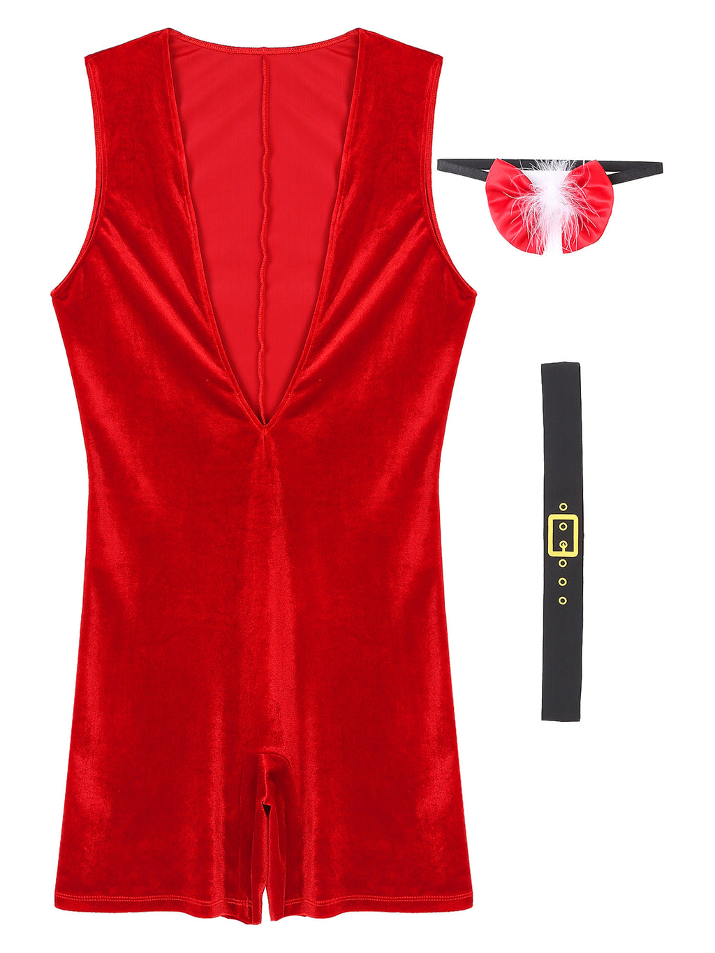 TiaoBug Men Christmas Santa Claus Cosplay Costume Boxers Leotard Bodysuit with Hat Xmas Party Outfits B Red XL