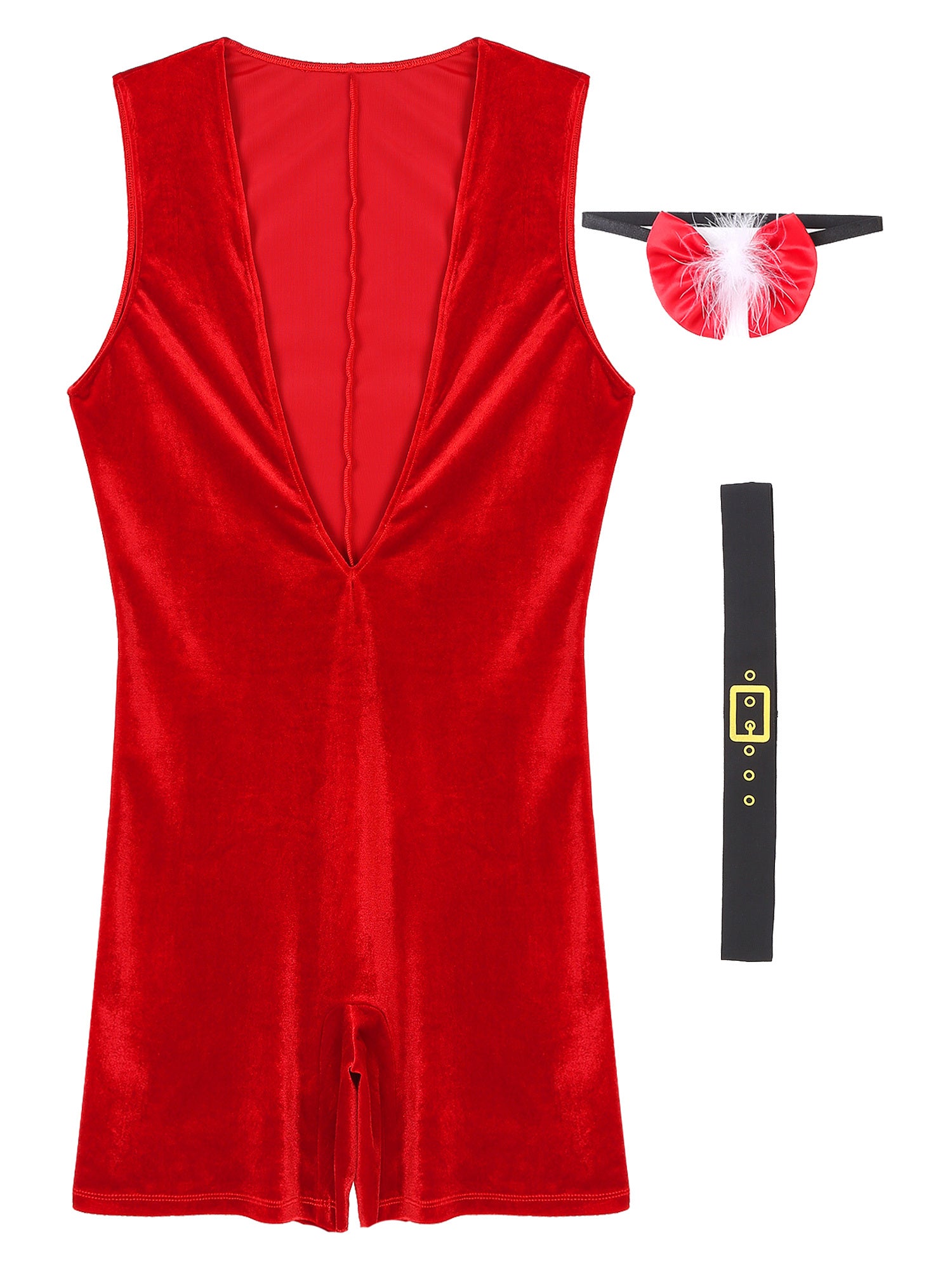 TiaoBug Men Christmas Santa Claus Cosplay Costume Boxers Leotard Bodysuit with Hat Xmas Party Outfits B Red XL