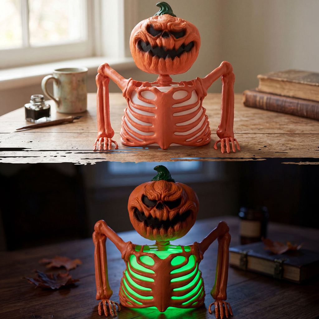 Joyfy Halloween LED Light Up Skeleton Pumpkin Table Decor,Multicolor Lighted Pumpkin Skeleton Ornament Indoor Outdoor Desk & Party Tabletop Decoration Supplies (10x8.6inch)