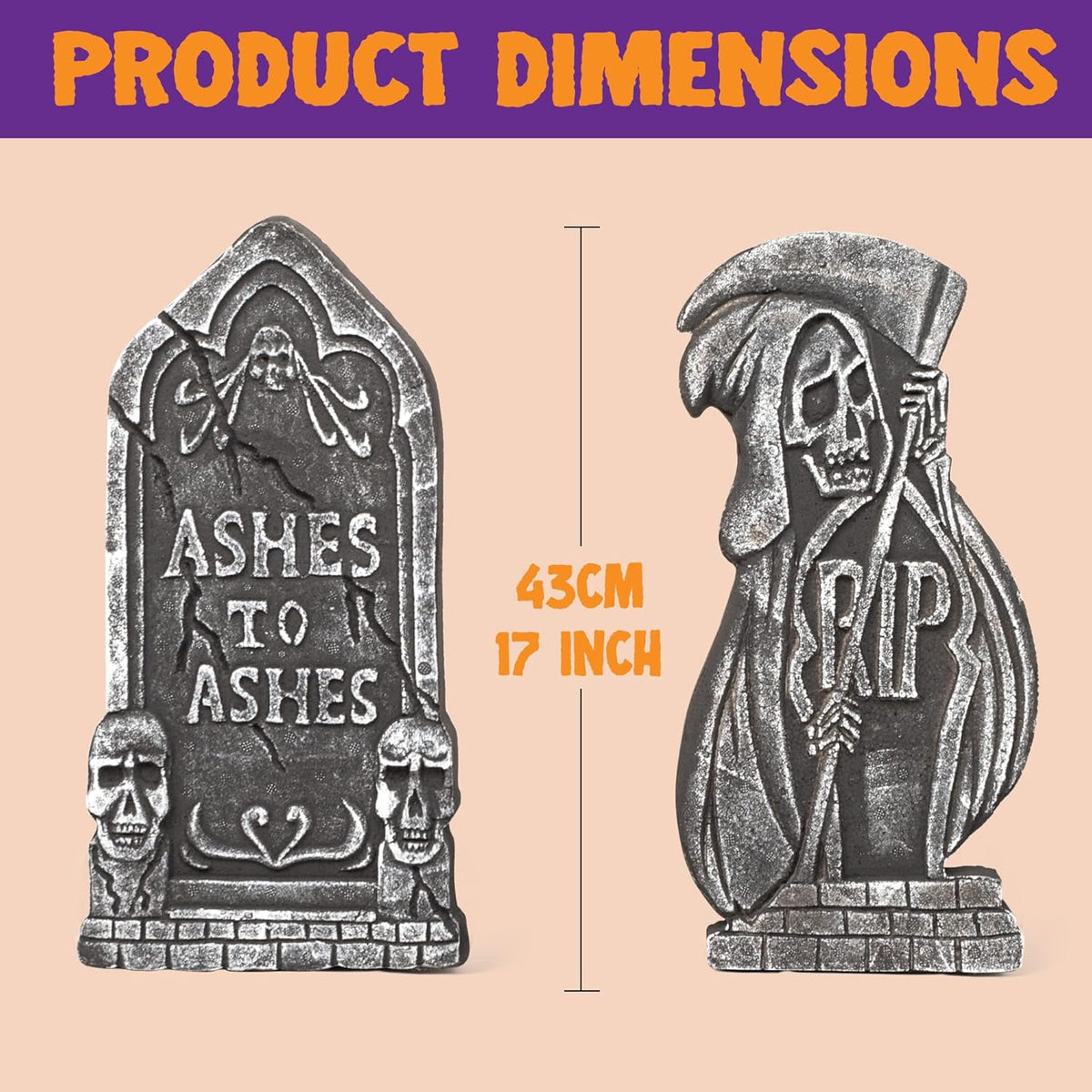 Joyfy 17" Halloween 5 Pack Tombstone Decorations, Foam RIP Graveyard Signs Cemetery Headstones Scary Outdoor Indoor Halloween Decor with 12 Metal Stakes for Easy Set Up, Waterproof for Garden Lawn