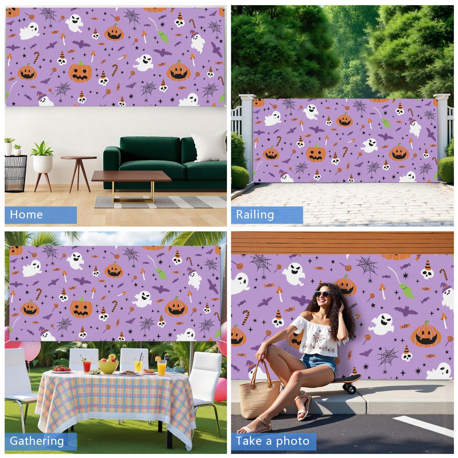 Halloween Garage Door Cover - 13x6ft Spooky Ghost Pumpkin Skull Witch Black Cat Polyester Backdrop for Outdoor Decor