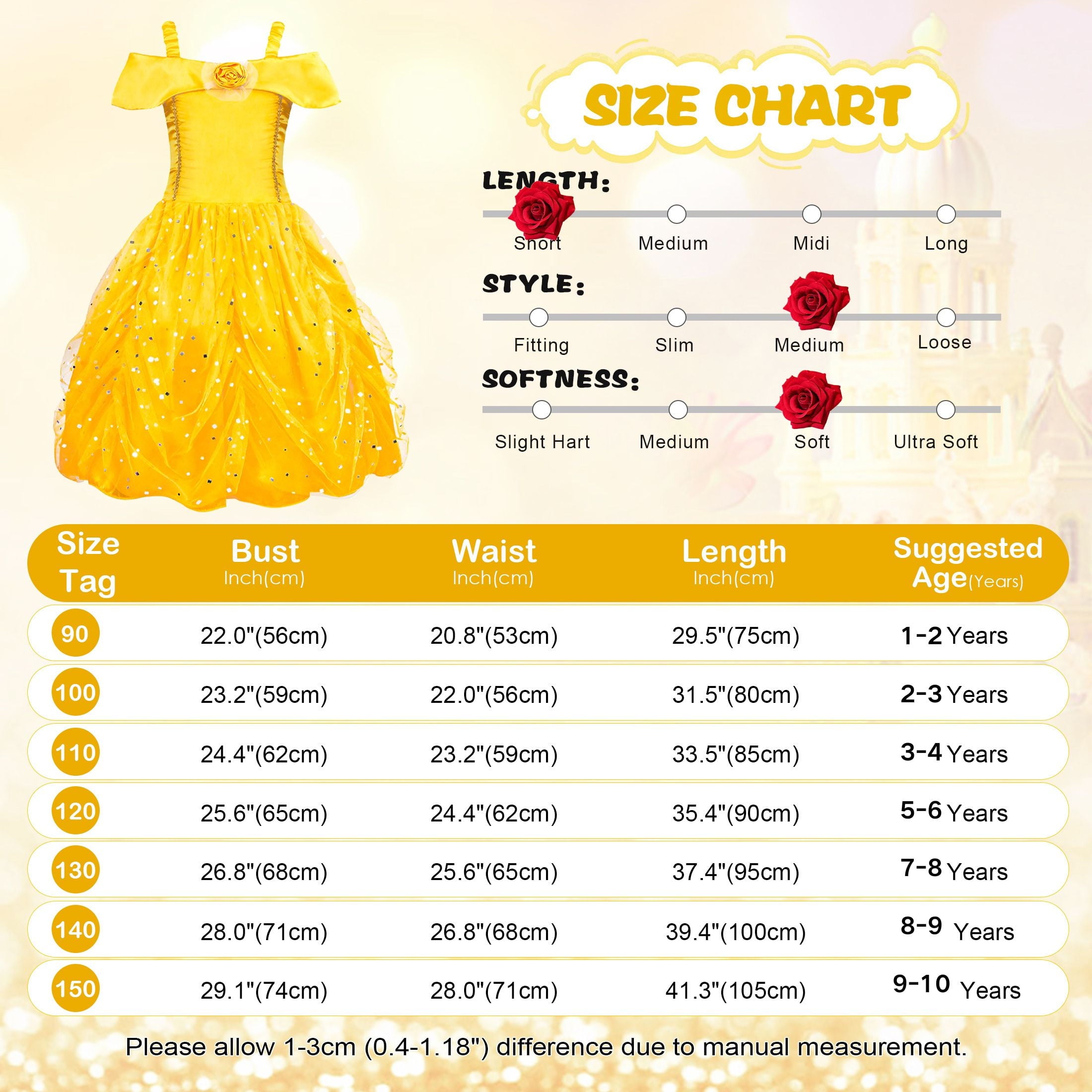 Jurebecia Princess Dress for Girls Costume Kids Off Shoulder Layered Toddler Halloween Cosplay Birthday Party Outfit up Yellow 120 cm 5-6 Years